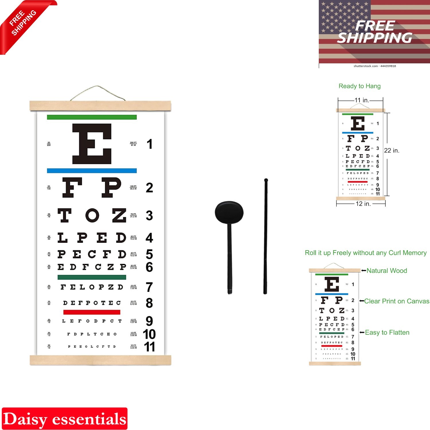 Snellen Eye Chart with Wooden Frame 20ft Vision Canvas Kids Wall Decor