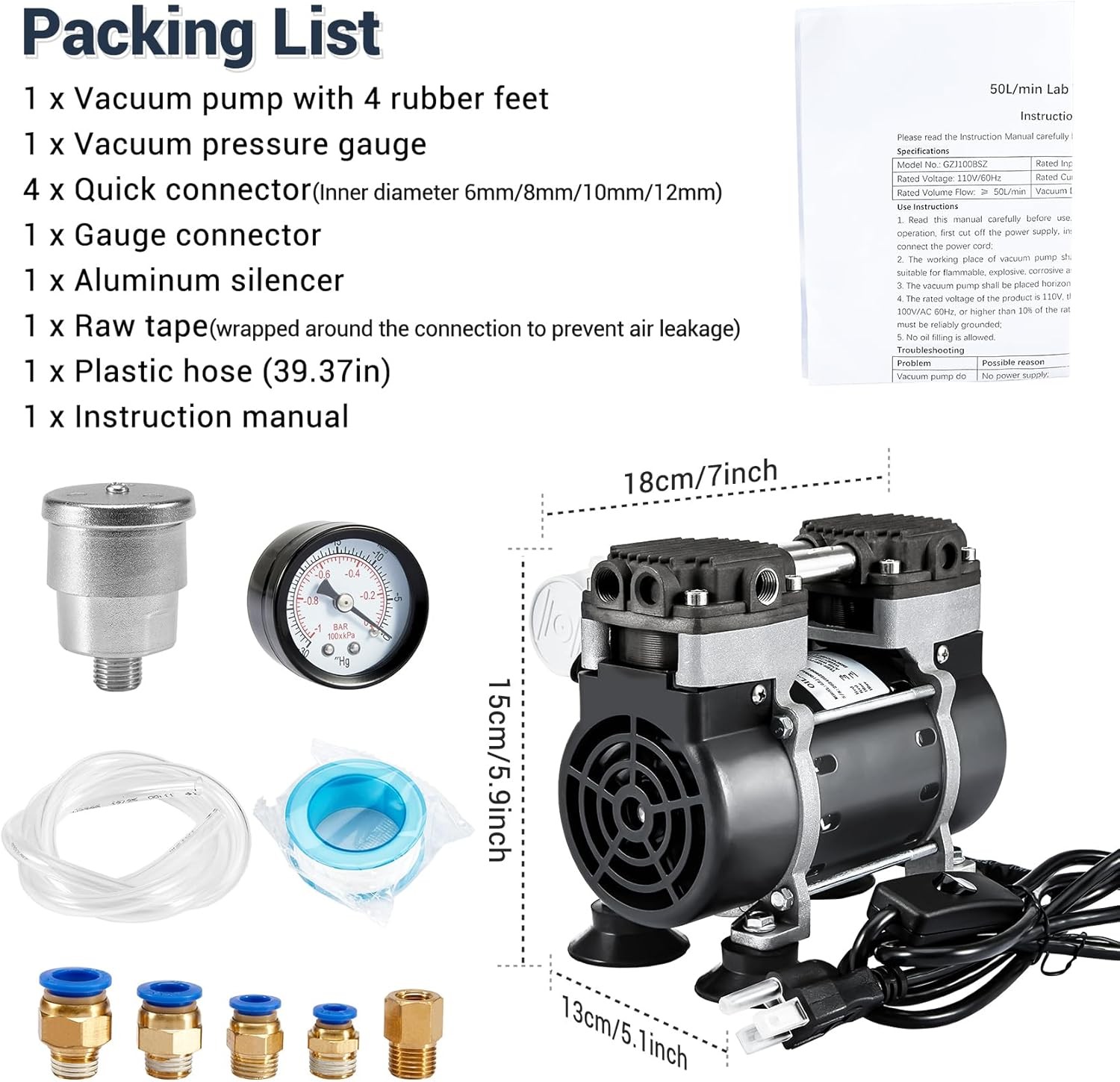 50L/Min Lab Vacuum Pump +1000ml Buchner Funnel Filtering Kit with Flask Funnel