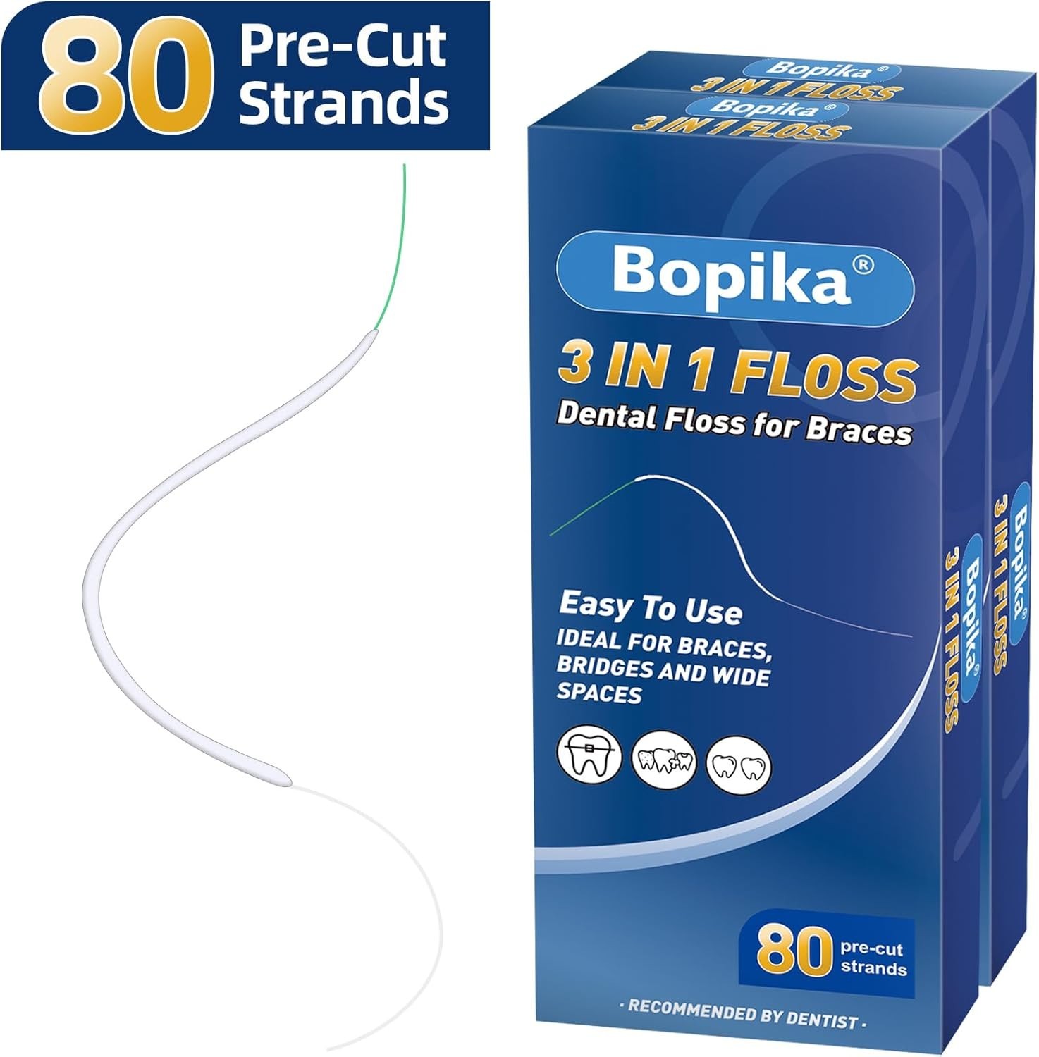 Bopika Dental Floss for Braces, 3 in 1 Ultimate Floss, 80 Foot (Pack of 2)