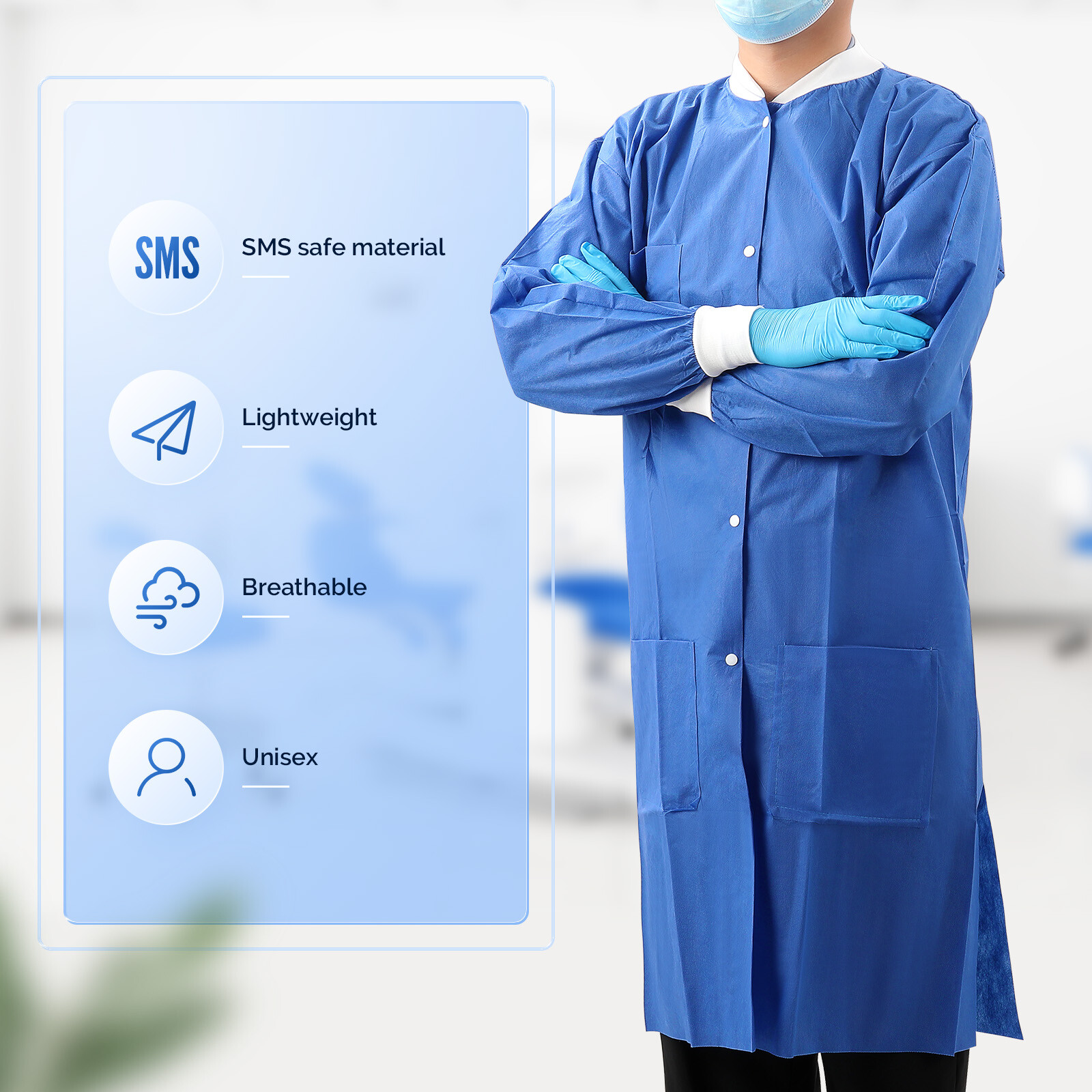 JMU Dental Disposable Lab Coat Gown 3 Pockets Blue Full Sleeve SMS Medical S-XL