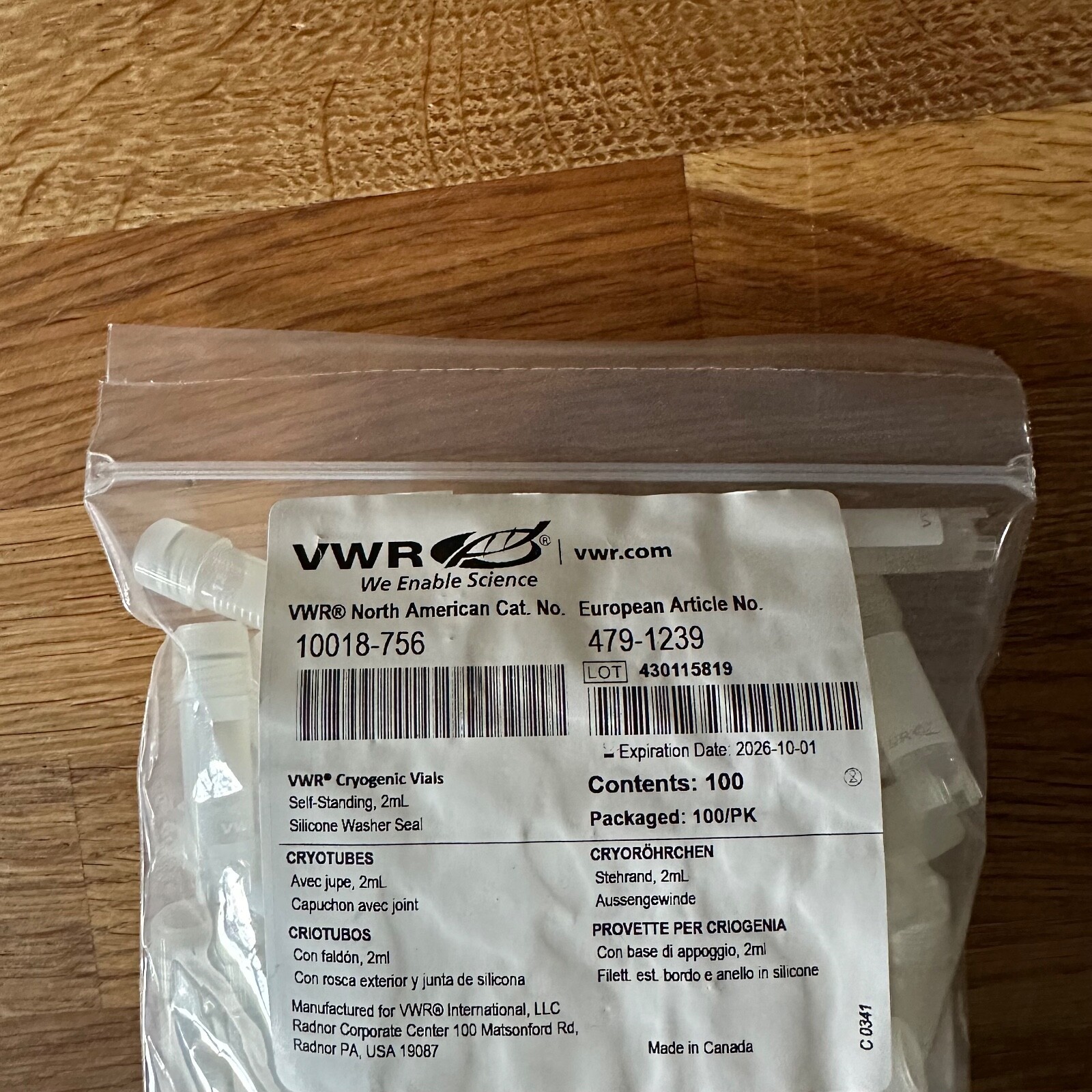 VWR 10018-756 2mL Self-Standing Cryogenic Vials Sealed Pack of 100