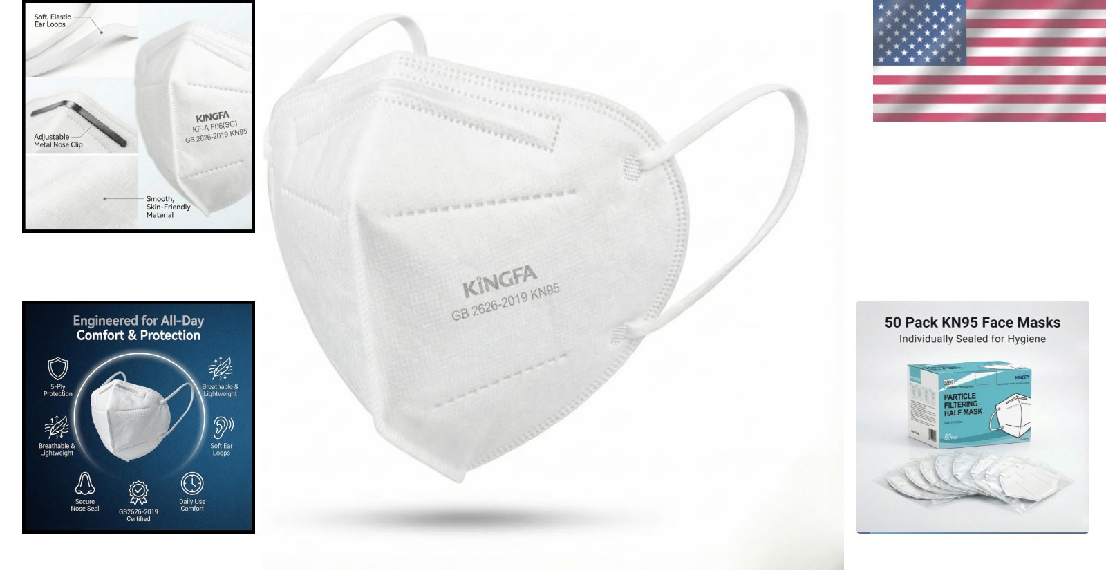 KN95 Face Masks 50 Pack GB2626-2019 Certified 5-Layer Filtration Disposable