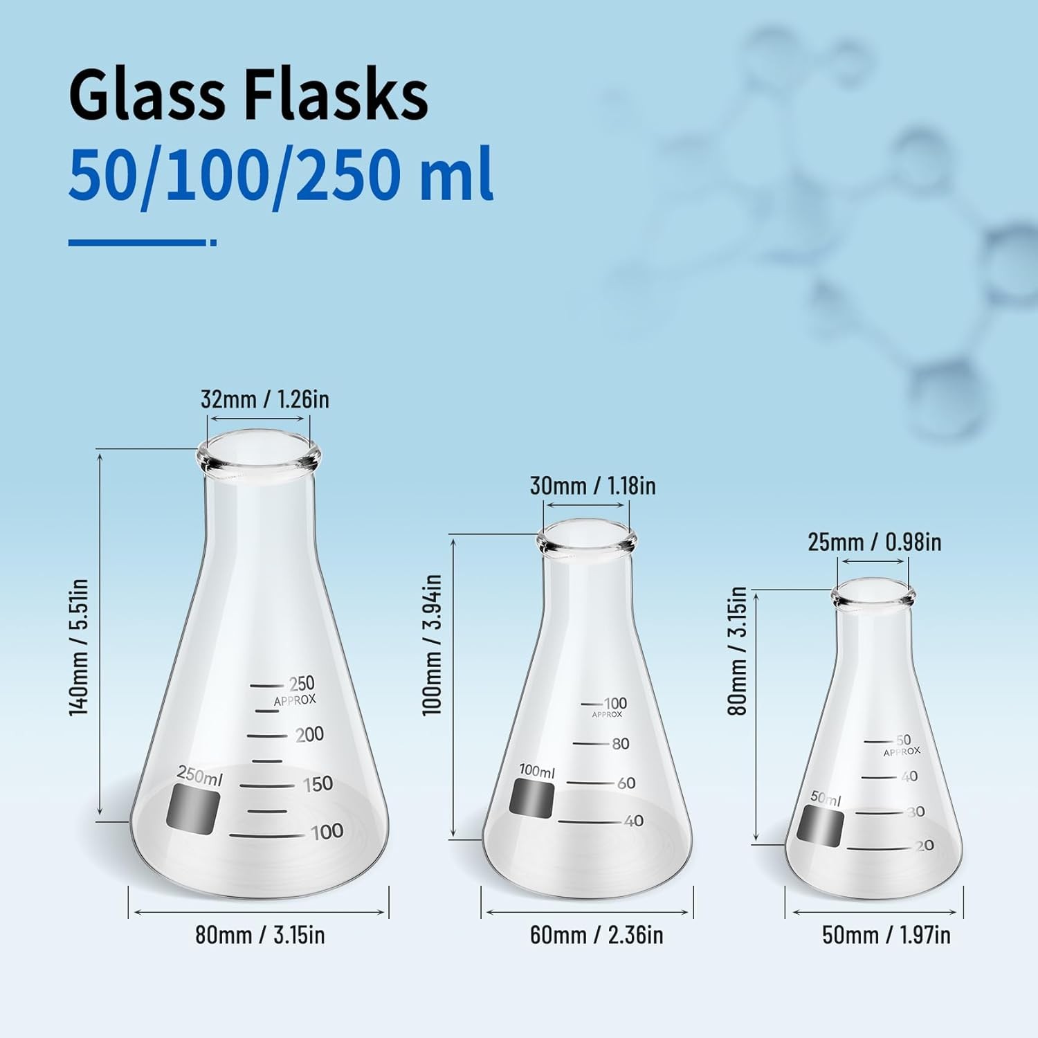 Lab Glassware Set, 9 Pieces – 3 Measuring Beakers, 3 Flasks, 3 Graduated Cylinde