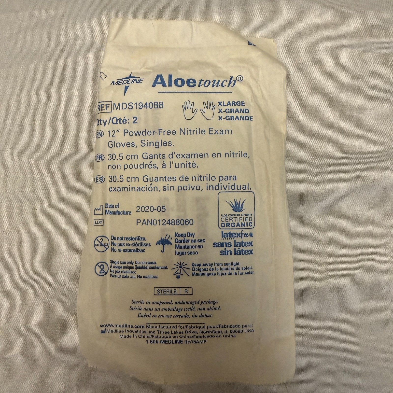 Medline Sterile Aloe Touch XLarge Gloves Non Latex 3 count in pkg (A10-28)