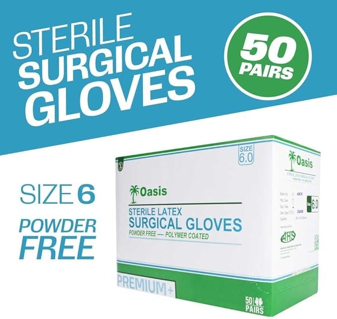 Sterile Latex Surgical Gloves, Size 6, Powder-Free, 50 Pairs/Box