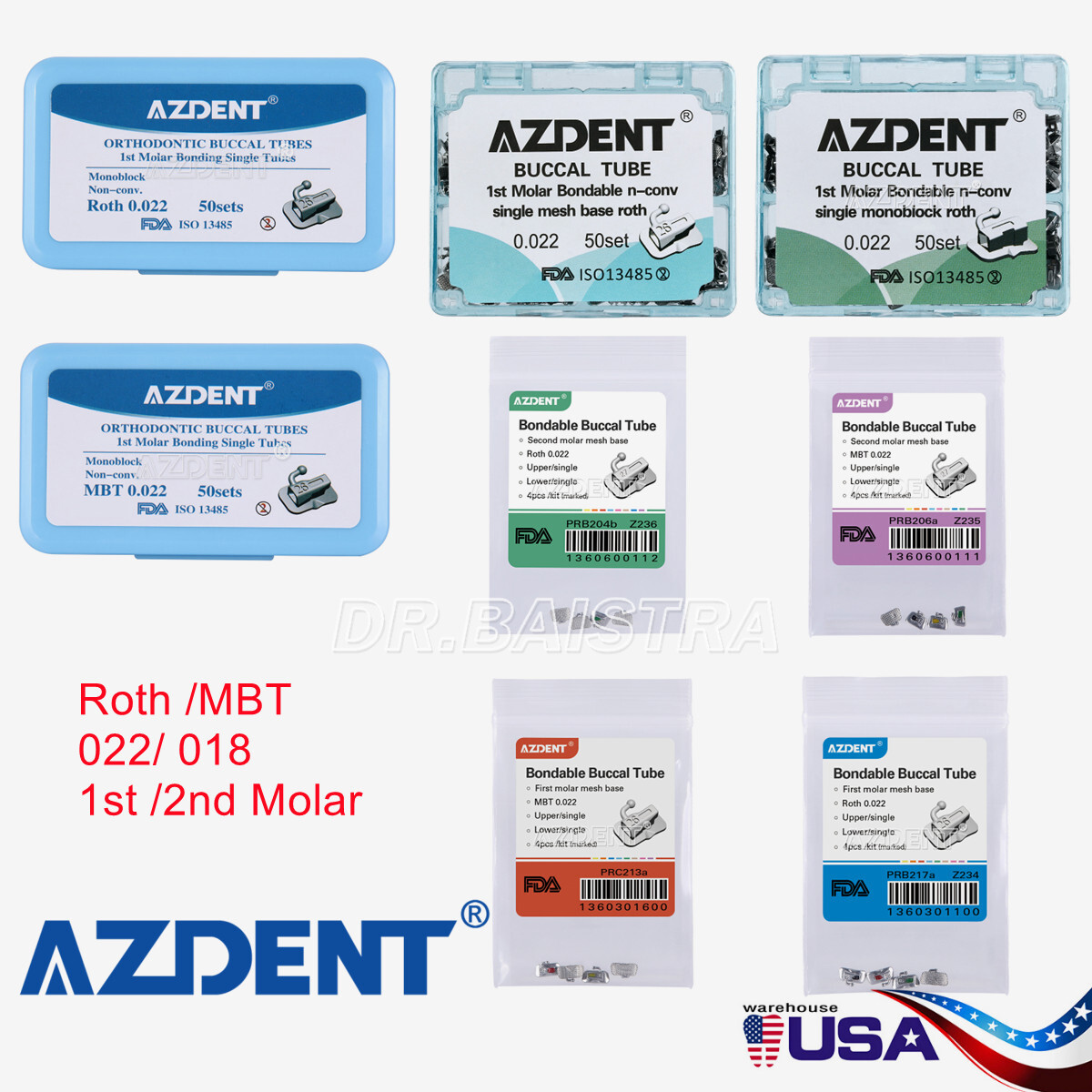 Dental Orthodontic Buccal Tube 1st 2nd Molar Tubes Roth/MBT 022 Bondable AZDENT