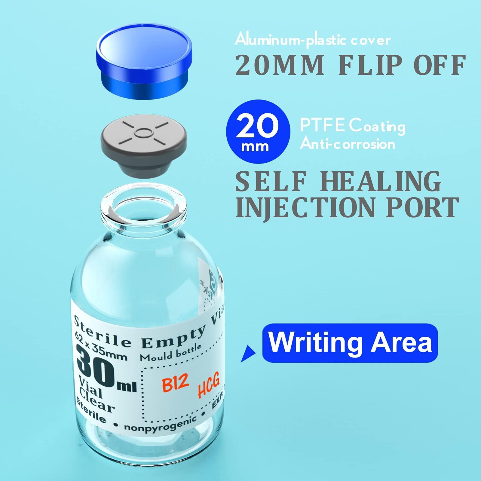30ml Glass Teartop Vials with Aluminum Cap Sterile Injection Port 10pcs Box