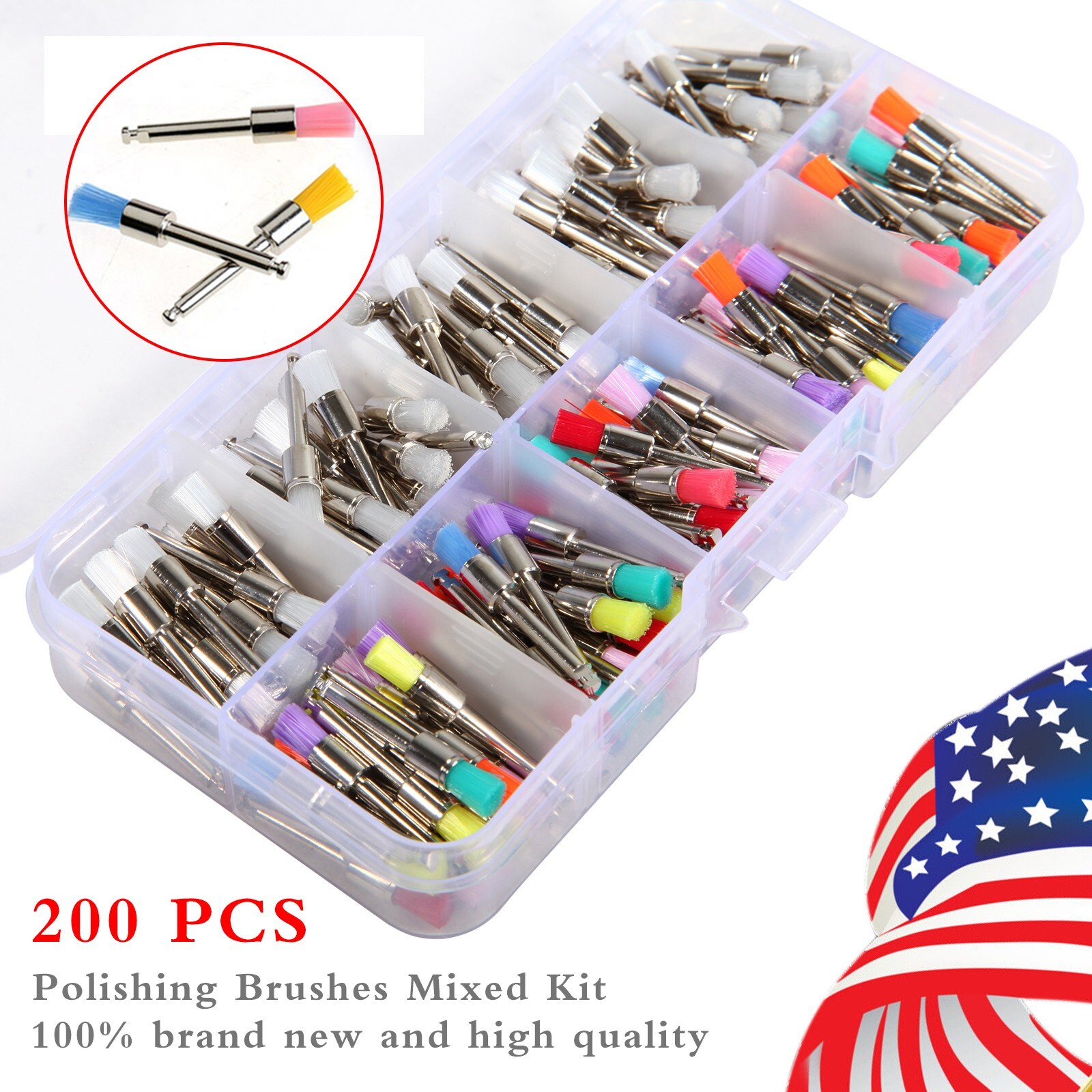 200 Pcs Dental White & Colorful Nylon Latch Flat Polishing Polisher Prophy Brush