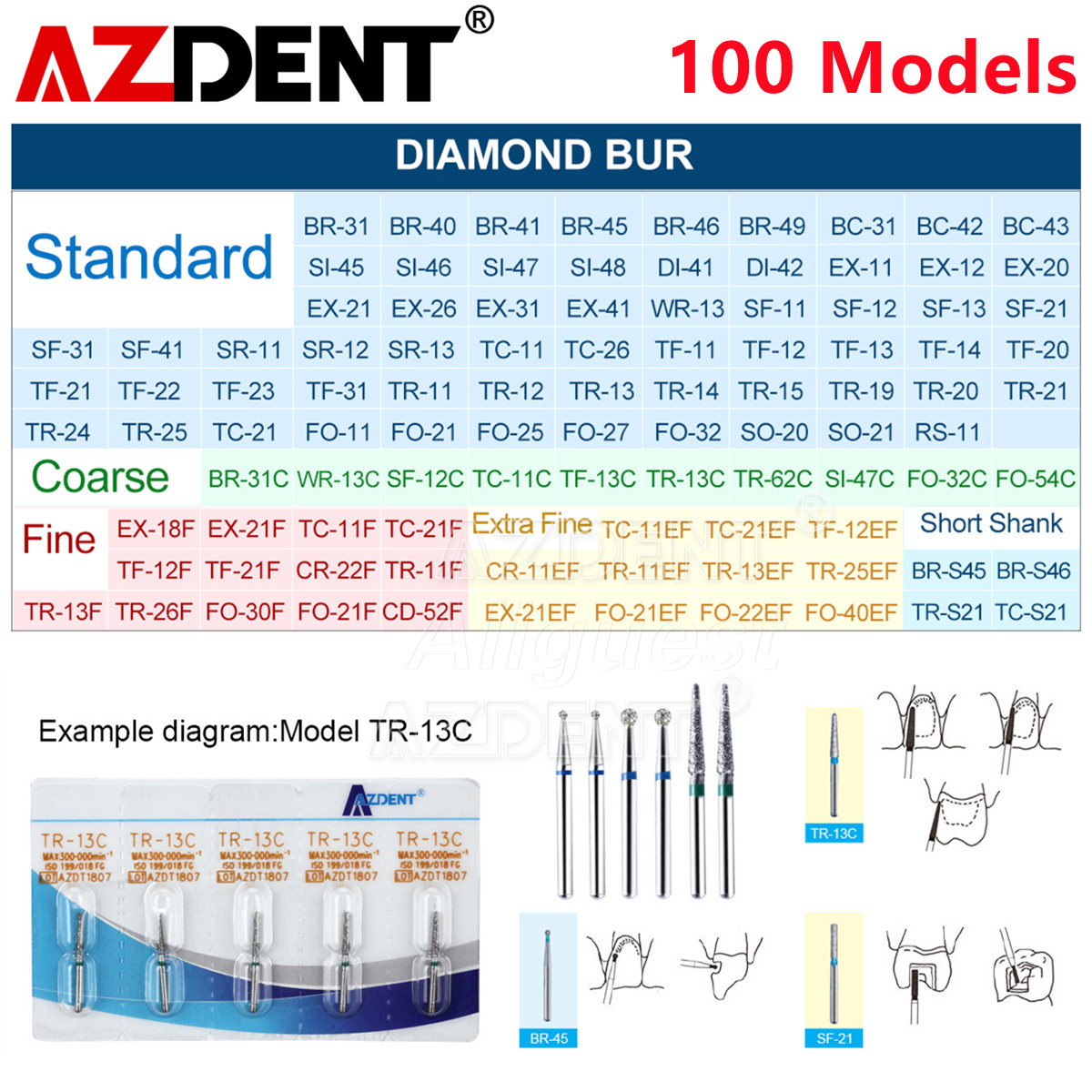 AZDENT Dental FG Diamond Burs for High Speed Handpiece Friction Grip 5pcs/pack
