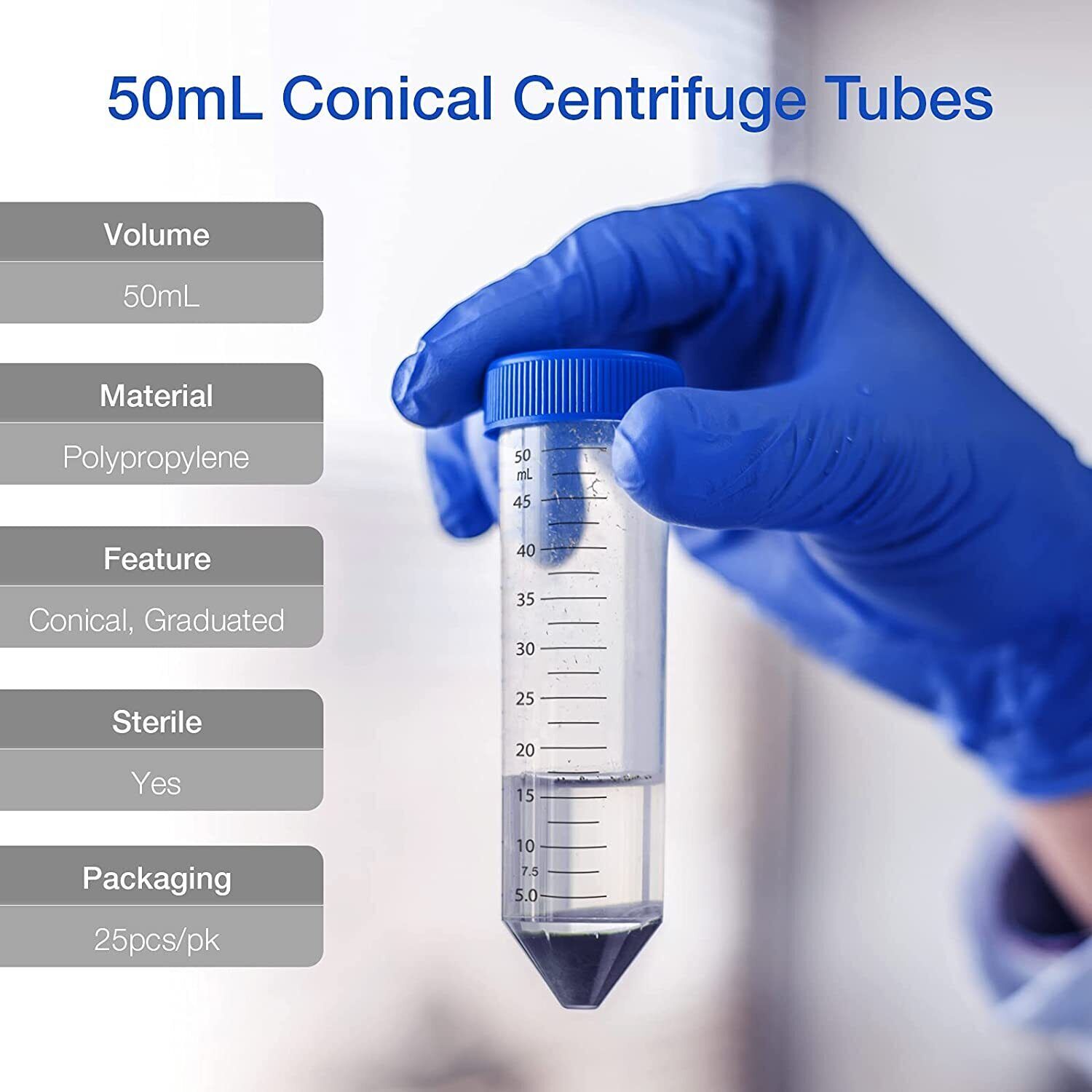 MS@ Conical Plastic Centrifuge Test Tubes 50mL 50Pcs Sterilized White Mark Area
