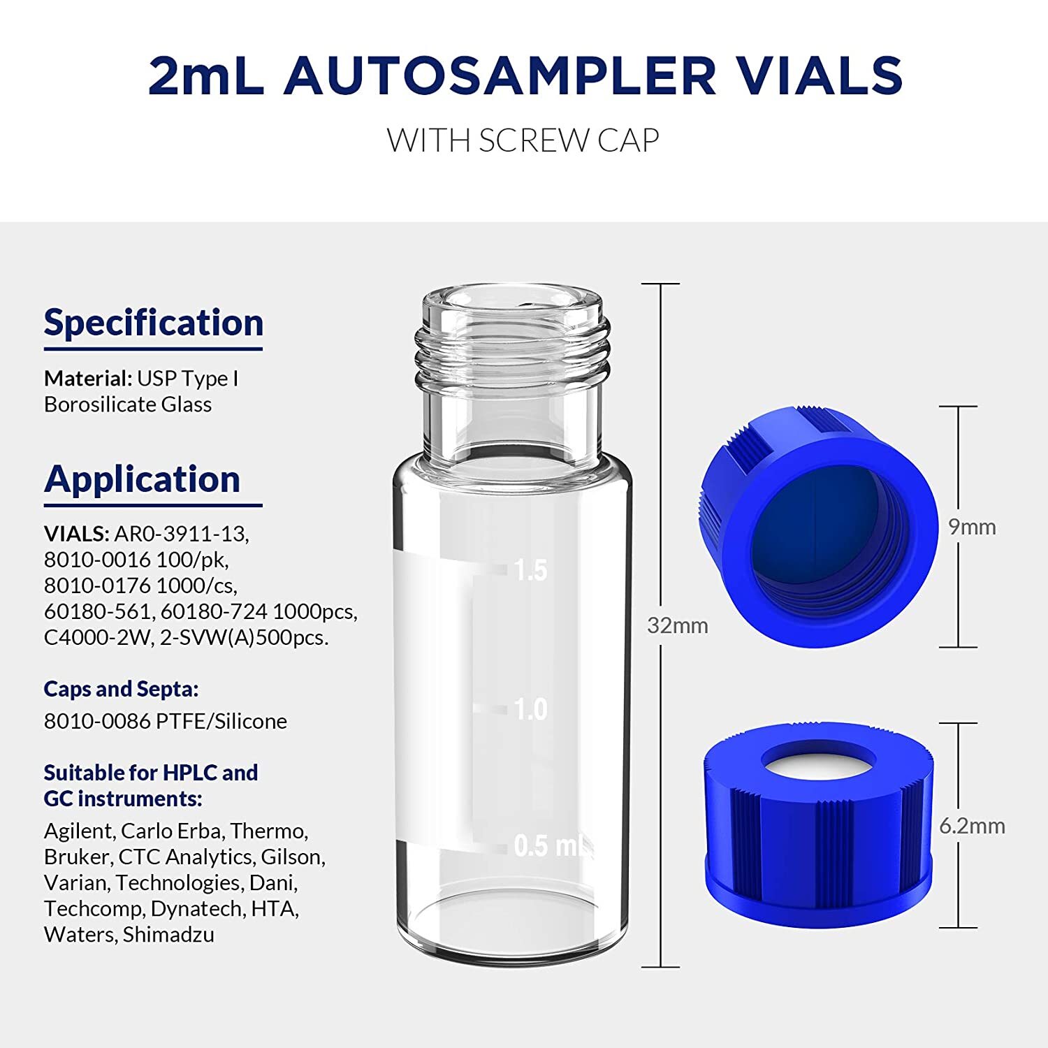 2000pc 2mL Autosampler Clear Vials 9mm Pre-slit Screw Caps Write Spot Graduation