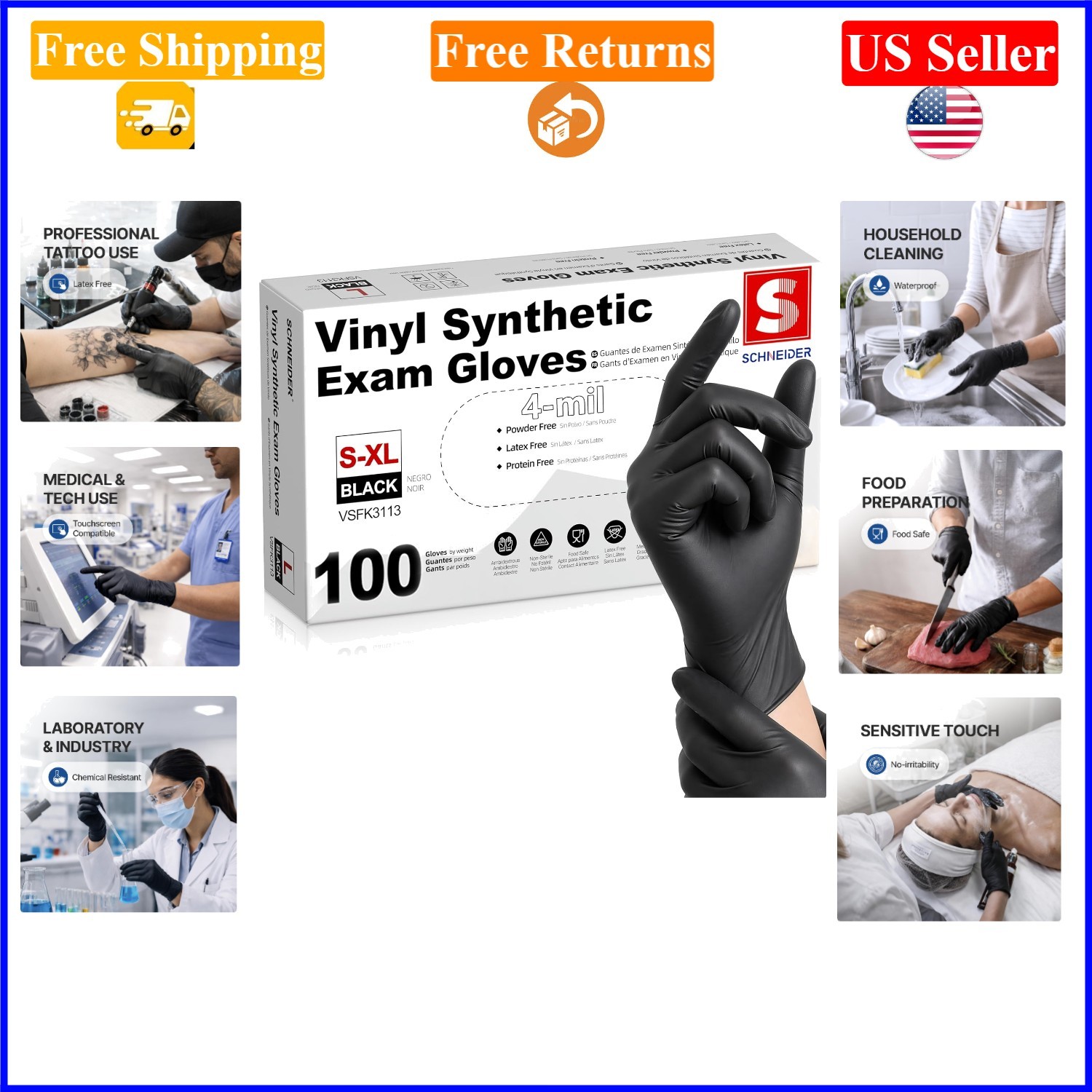 Black Vinyl Exam Gloves, 4 Mil, X-Large, Pack of 100, Latex-Free