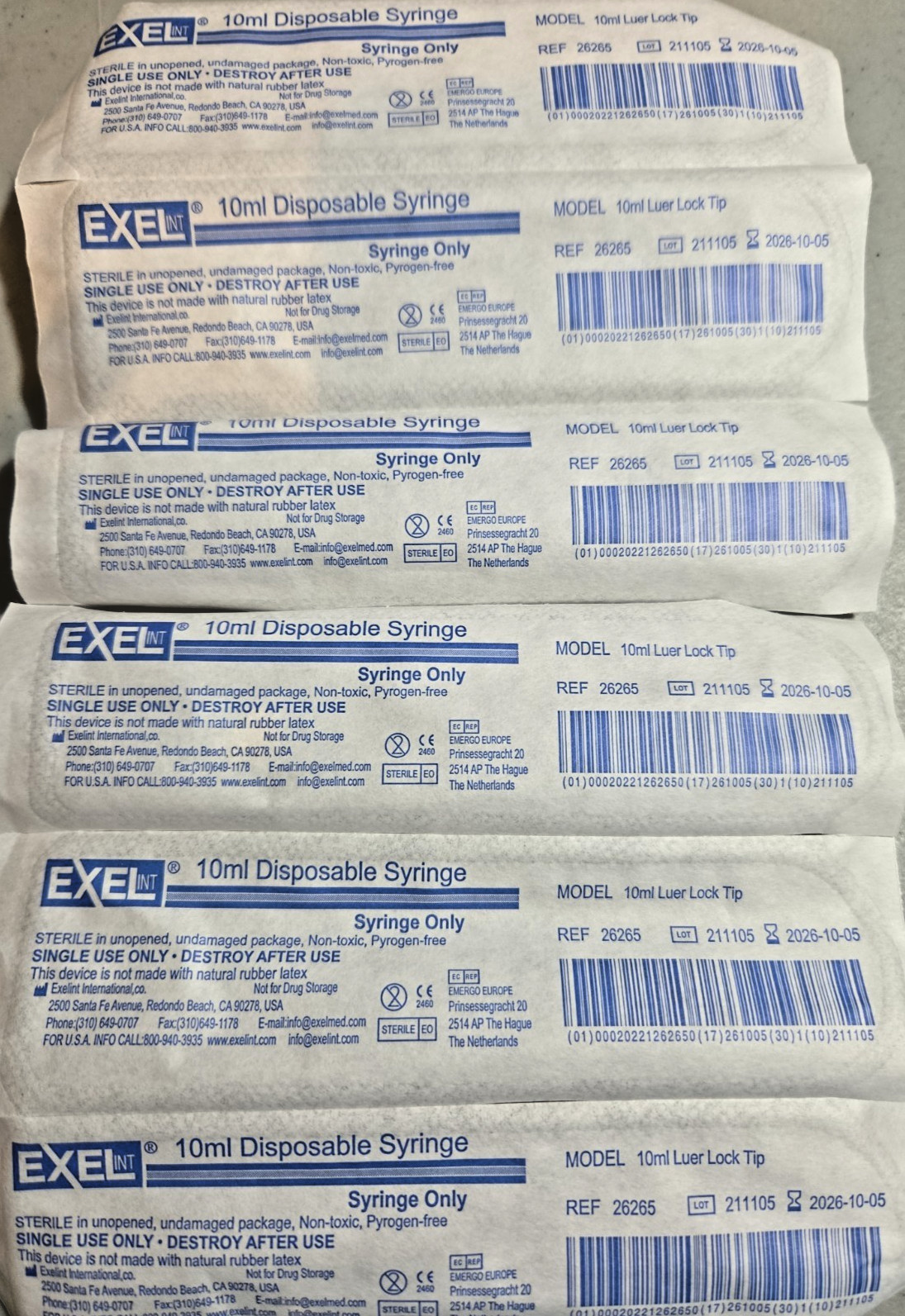 Exel 26265 10ml disposable syringe – Pack of 12 Syringes – NO Needles lab dental