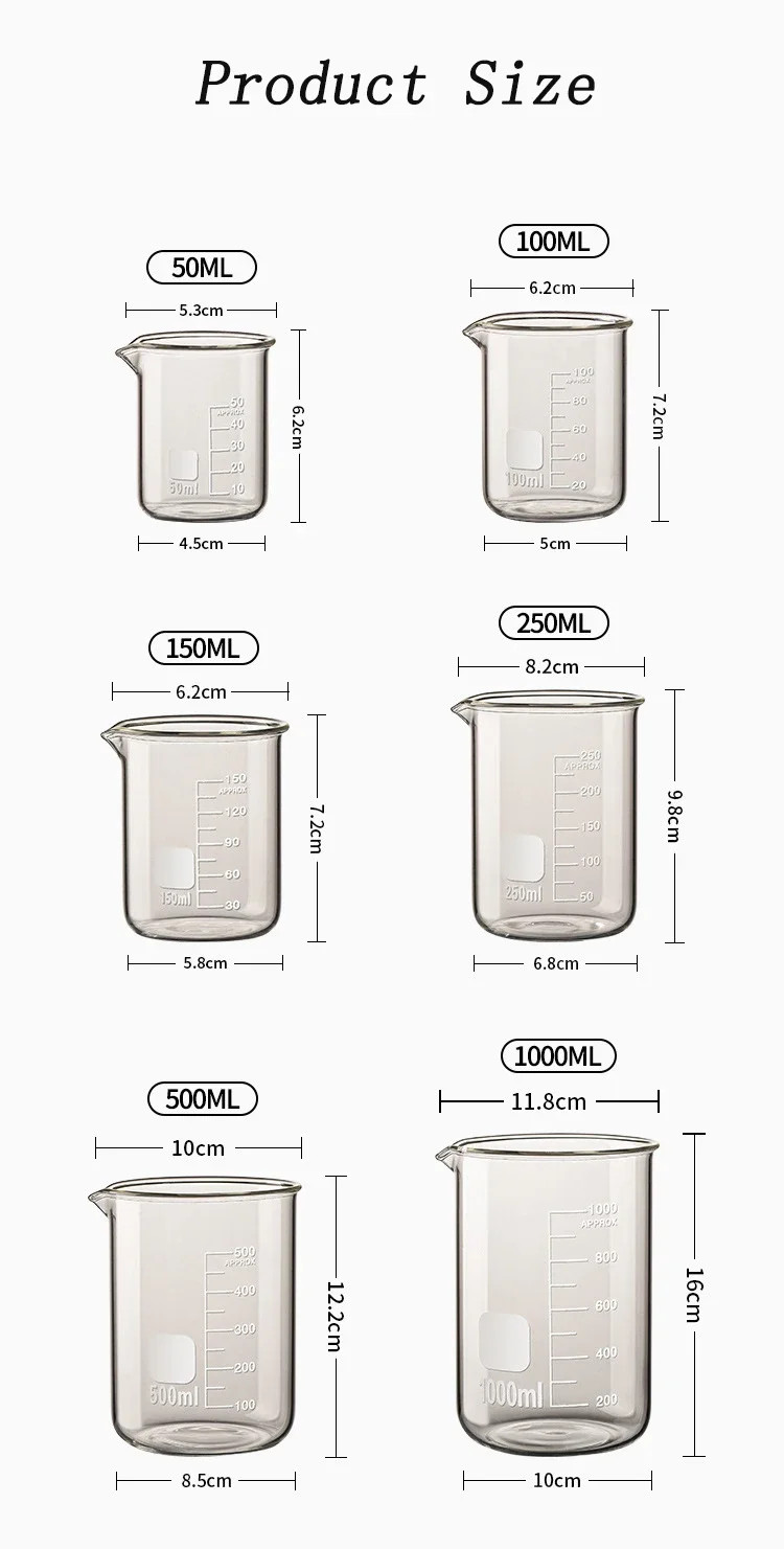 High Borosilicate Glass Measuring Cup – Heat Resistant Lab Beaker 50ml-500ml