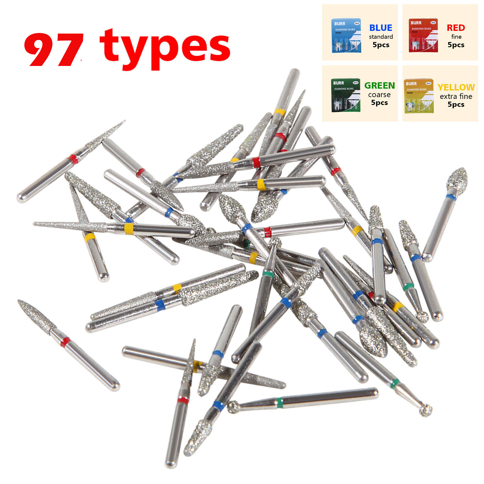 97Types Dental Diamond Burs FG 1.6mm for High Speed Handpiece 5Pcs/pack Drill ns