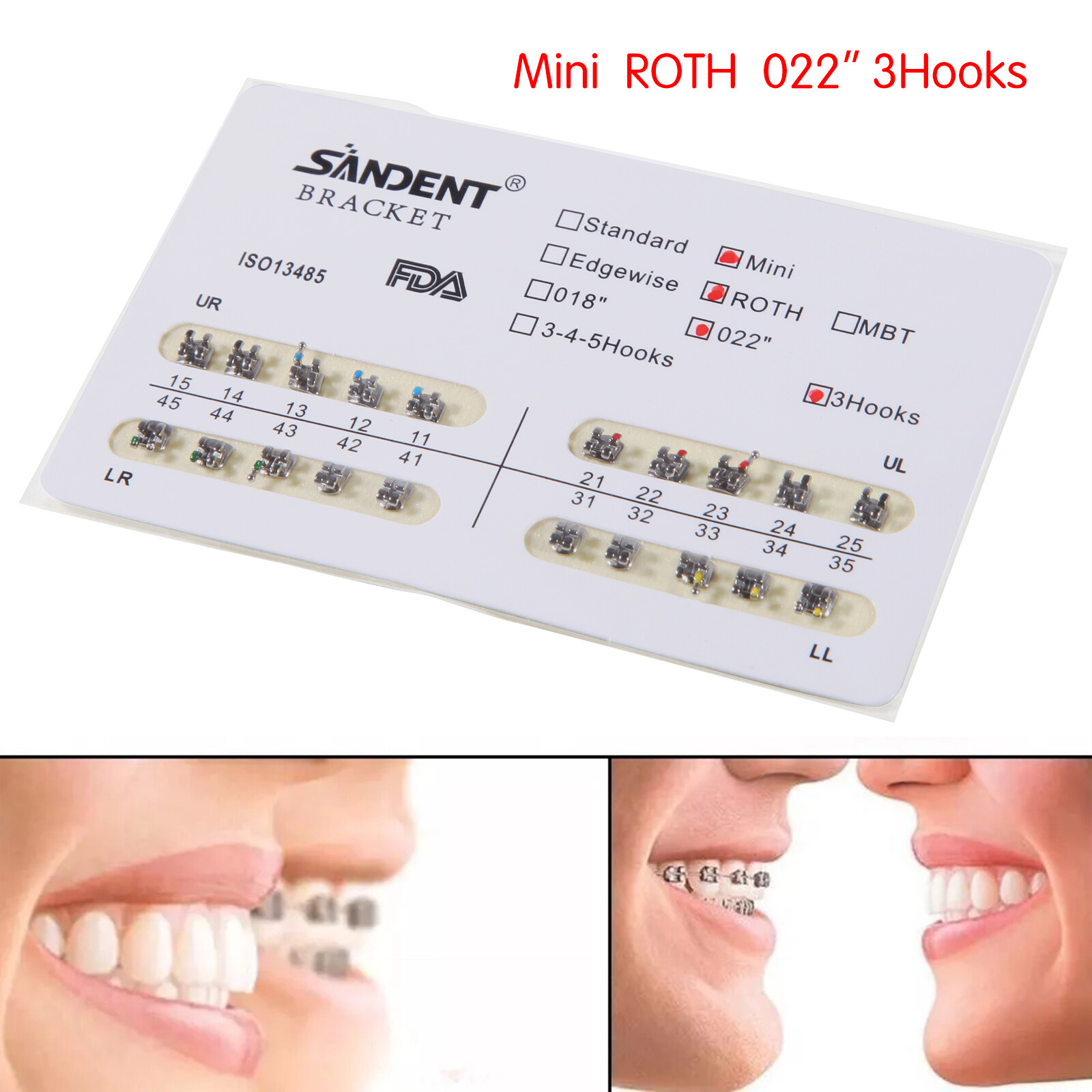 10 Packs SANDENT Dental Orthodontic Brackets Braces Mini Roth 022″Slot 3 Hooks