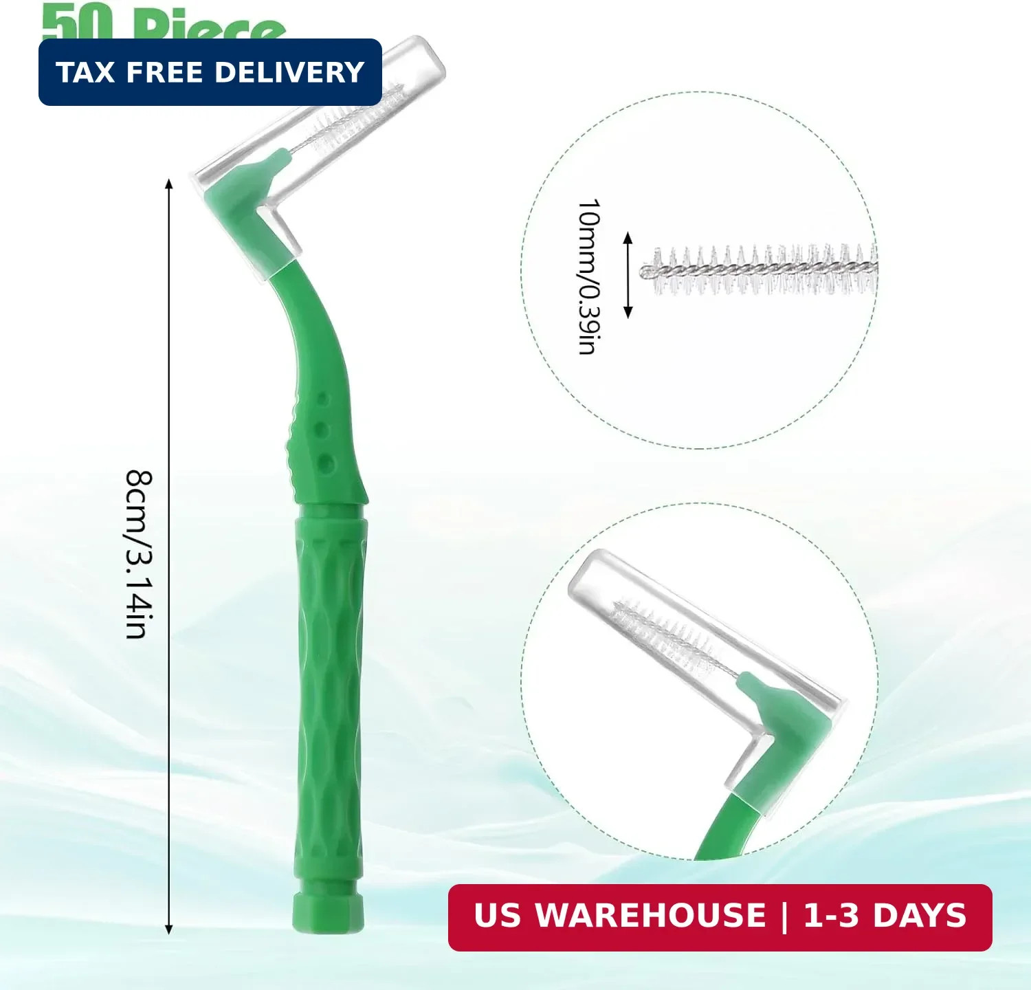 50Pcs Interdental Brushes, Green Soft Dental Brushes with Non-Slip Handle Angled