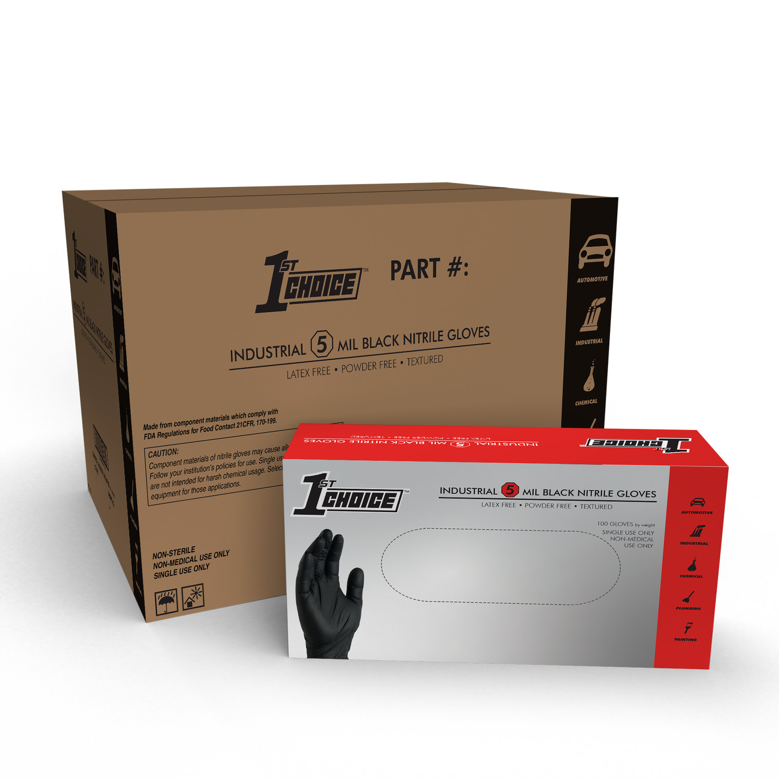 1st Choice 5 mil Industrial Black Nitrile Gloves, Latex & Powder-Free, 100/Box
