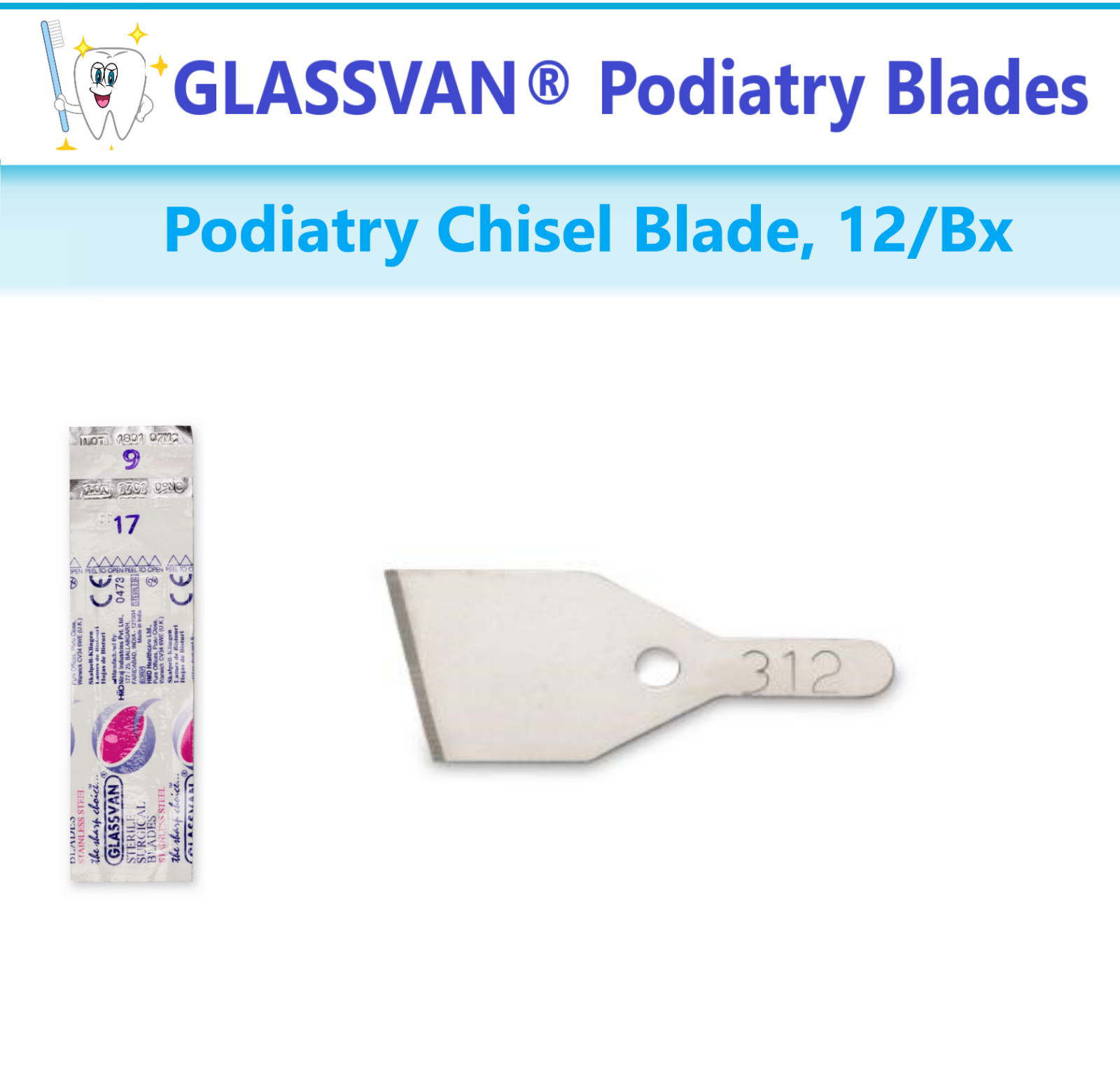 GLASSVAN® Podiatry Blades #9, #81, #88, #313, #314 Podiatry Chisel Blade, 12/Bx