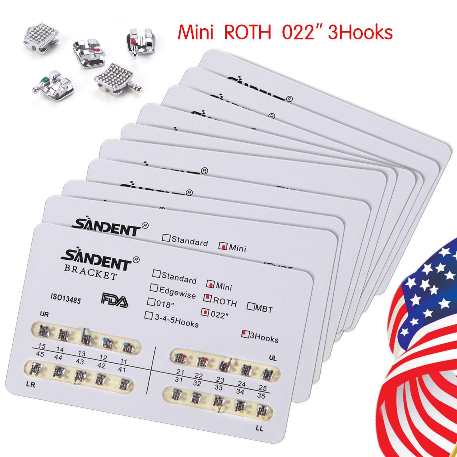 10Packs Soportes de ortodoncia dental Braces Mini Roth Slot.022 3 ganchos