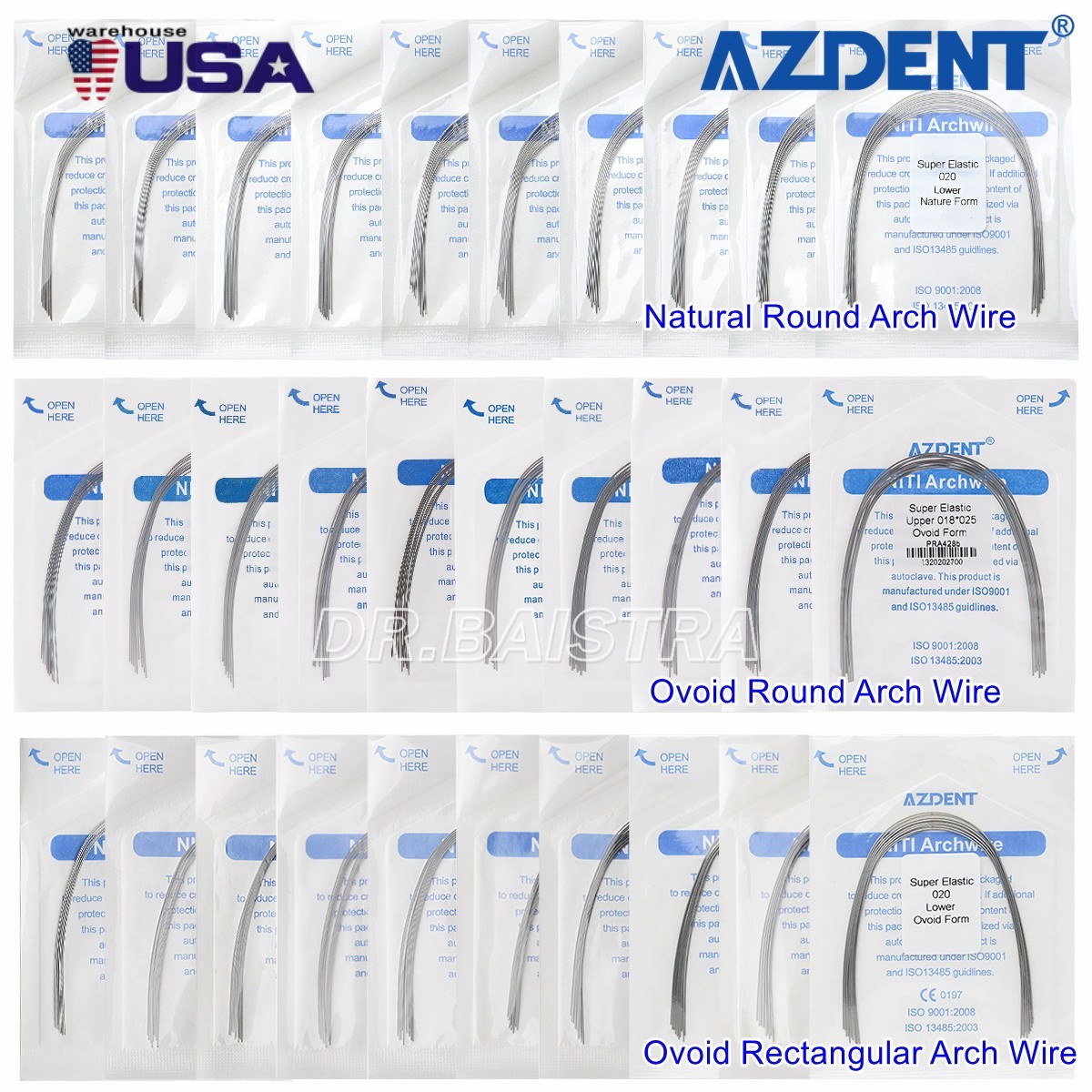 AZDENT Dental Orthodontic Arch Wire Super Elastic NiTi Ovoid Round Rectangular