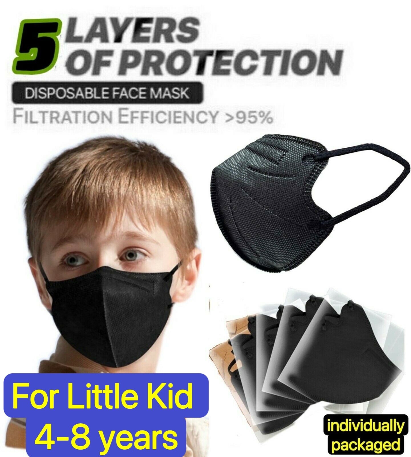 10/40Pcs Black KN95 Protective 5 Layer Face Mask BFE 95% Disposable Masks kids