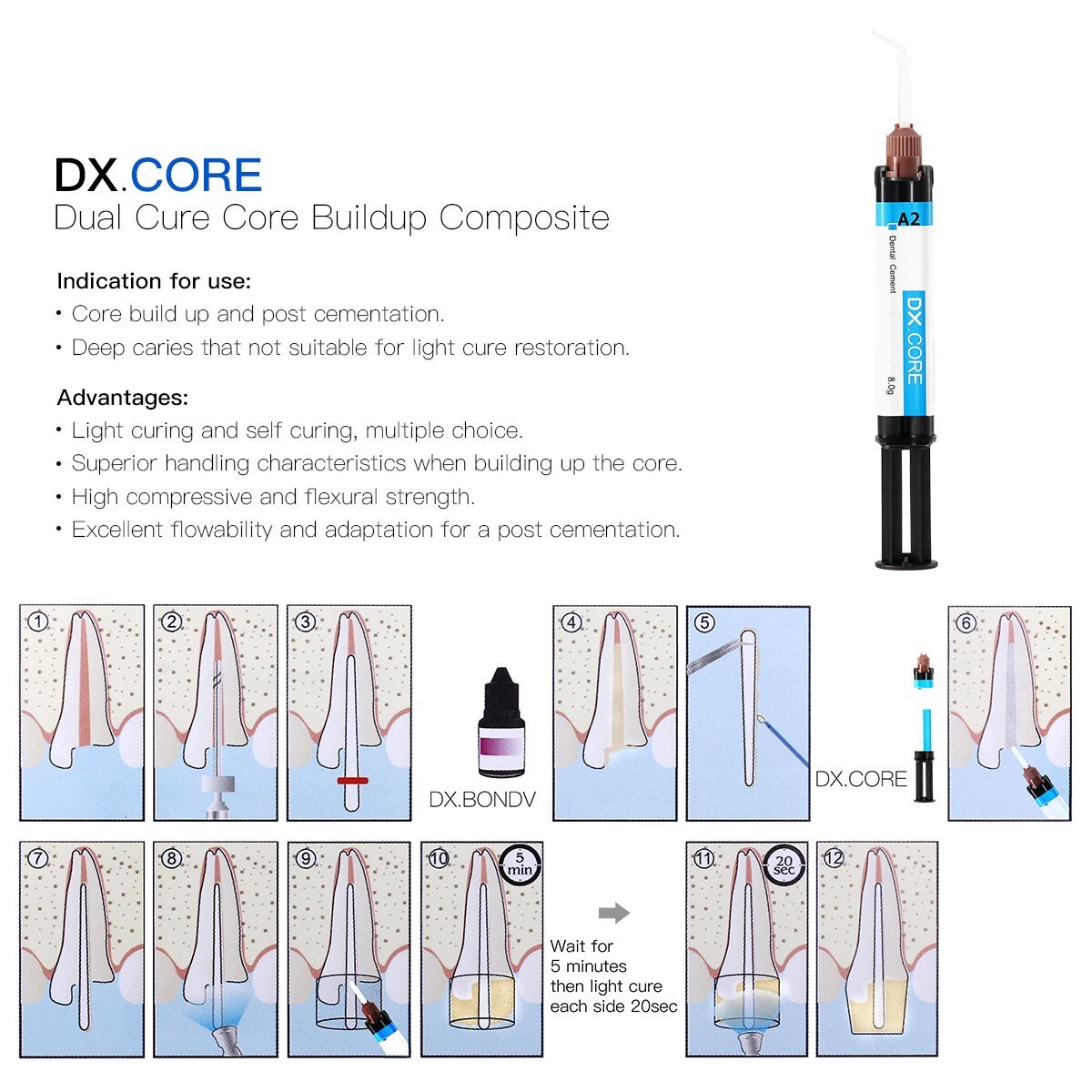 10X Dental Dual Cure Core Build Up Composite Resin Light & Self Cured A2 DENTEX