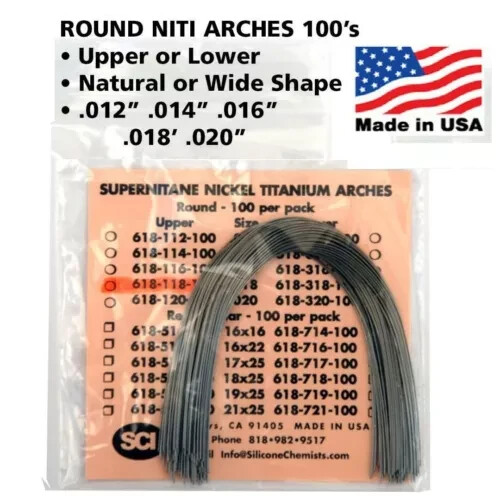 NATURAL or WIDE ORTHODONTIC NITI (NICKEL TITANIUM) ROUND ARCH WIRES 100 pcs USA