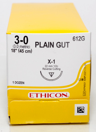 J&J 612G Plain Gut Absorbable Reverse Cutting Sutures X-1 3-0 18” 12/Bx