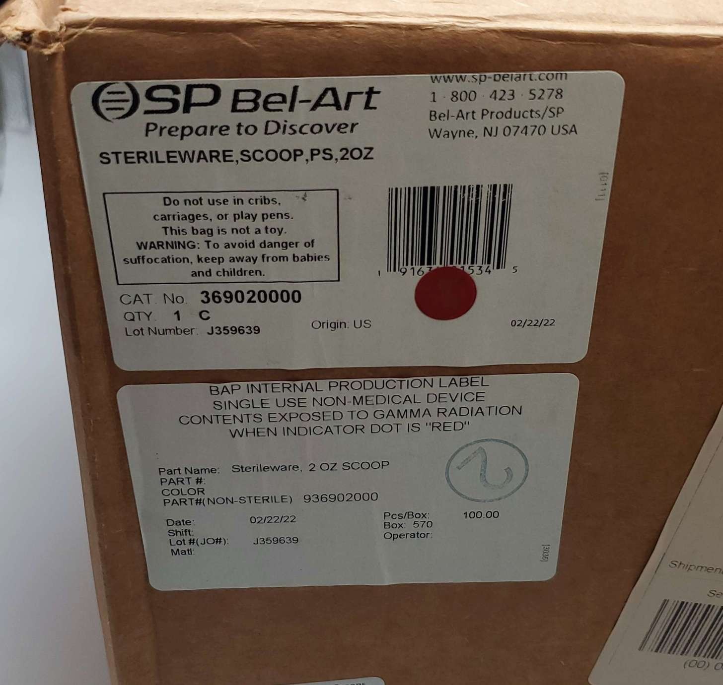 SP Bel-Art Sterile Sampling Scoops 60ML / 2 OZ Individually Wrapped Box of 100