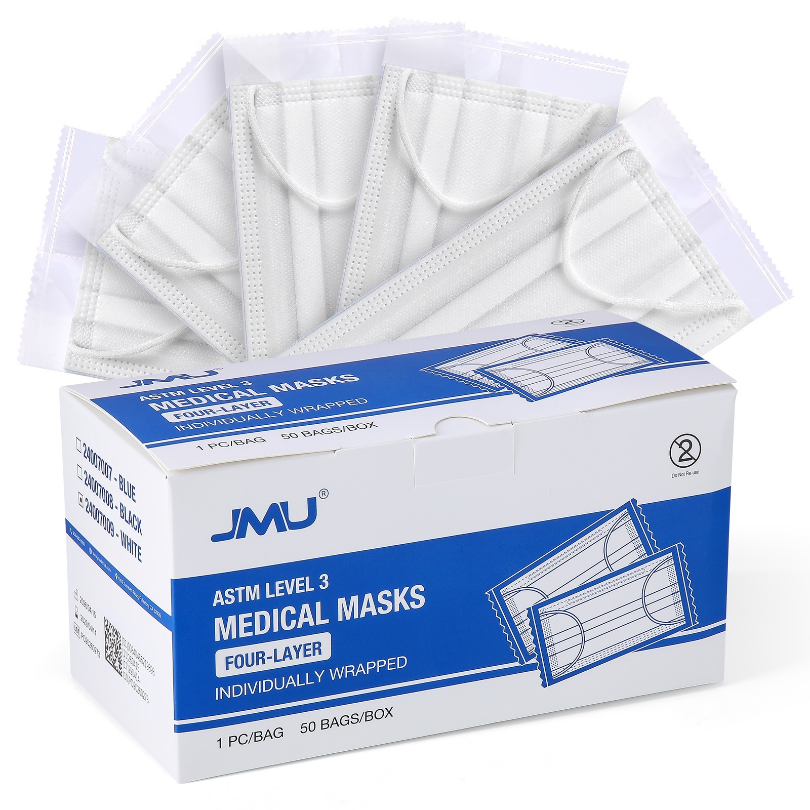 JMU Disposable Medical Face Masks, 4-Ply ASTM Level 3 Ear-Loop Face Masks 50pcs