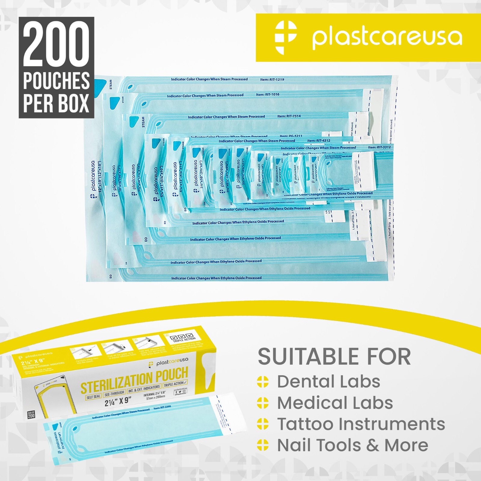 2.25″ x 8″ Self-Sealing Sterilization Pouches for Autoclave (1 Box of 200)