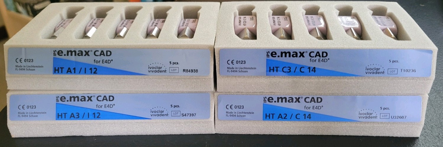 E4D IPS e.max CAD for E4D 4 Packs 2- I 12 HT A1, HT A3 and 2 -C 14 HT A2, HT C3.