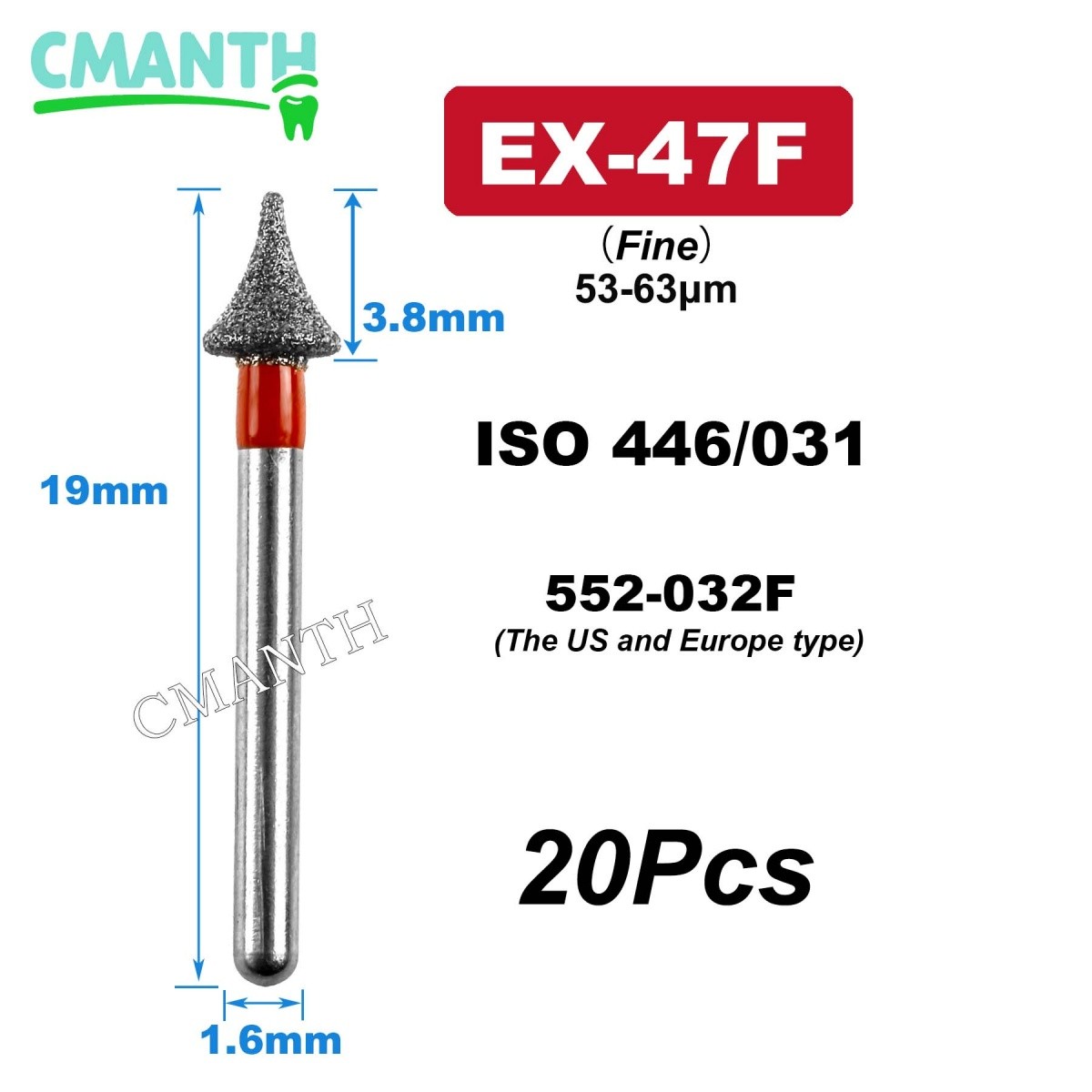 US EX Type Dental Diamond Burs FG High Speed Polishing Burs Dentist Tools 20Pcs