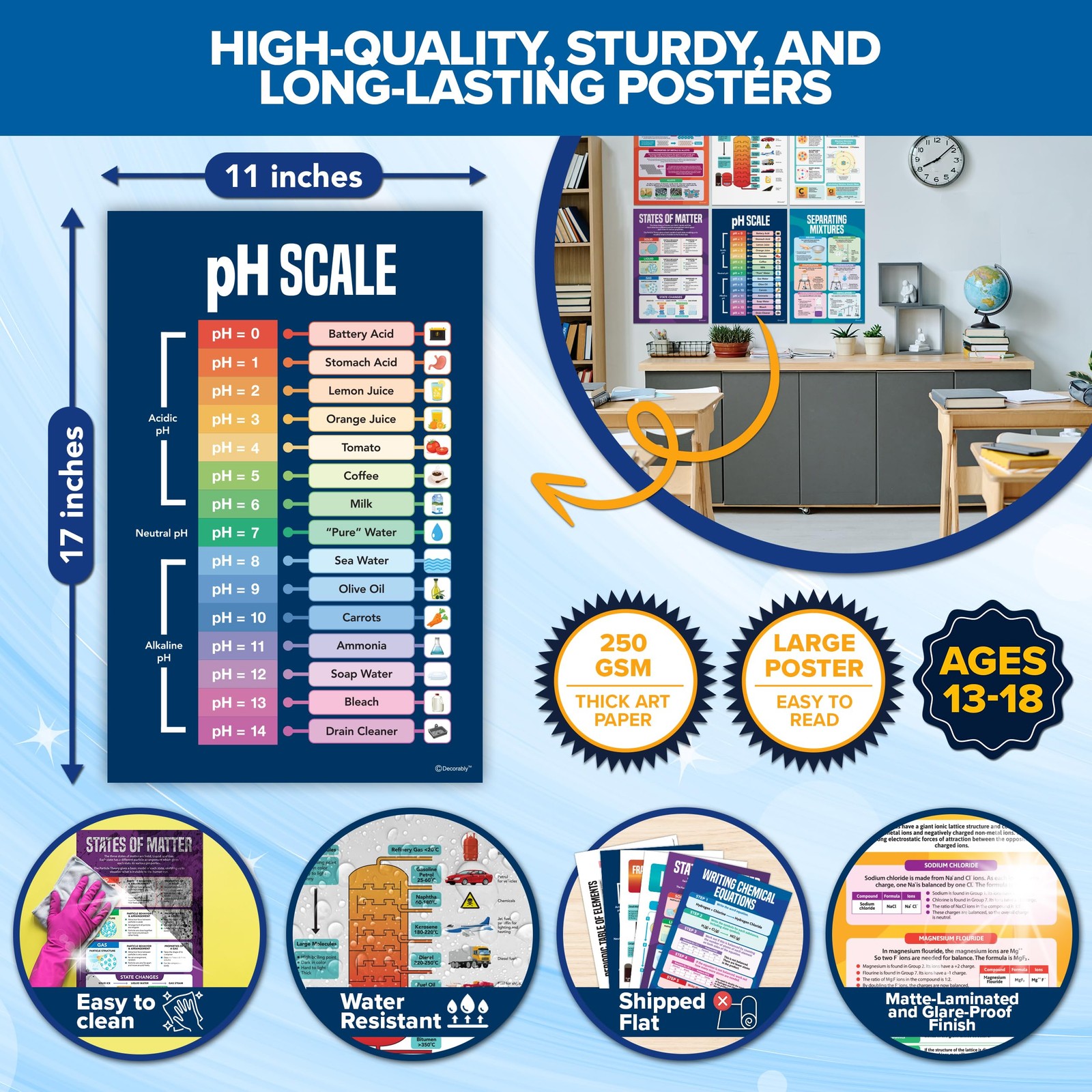 Decorably 16 Chemistry Posters 11×17 Laminated Classroom Set