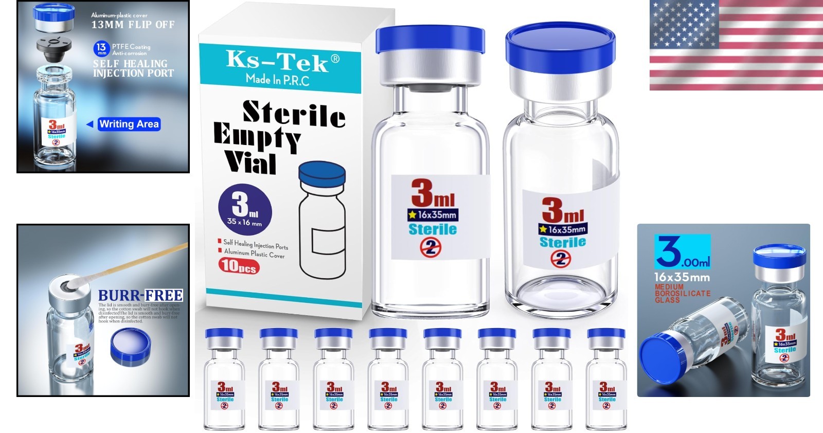 Sterile Glass Vials 3ml with Injection Port Flip Cap 10pcs Medical Vial