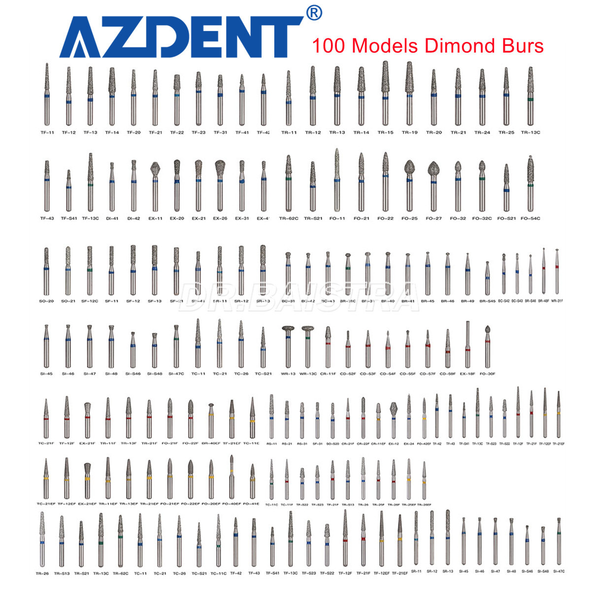 100 Models AZDENT Dental Diamond FG Burs for High Speed Handpiece Friction Grip