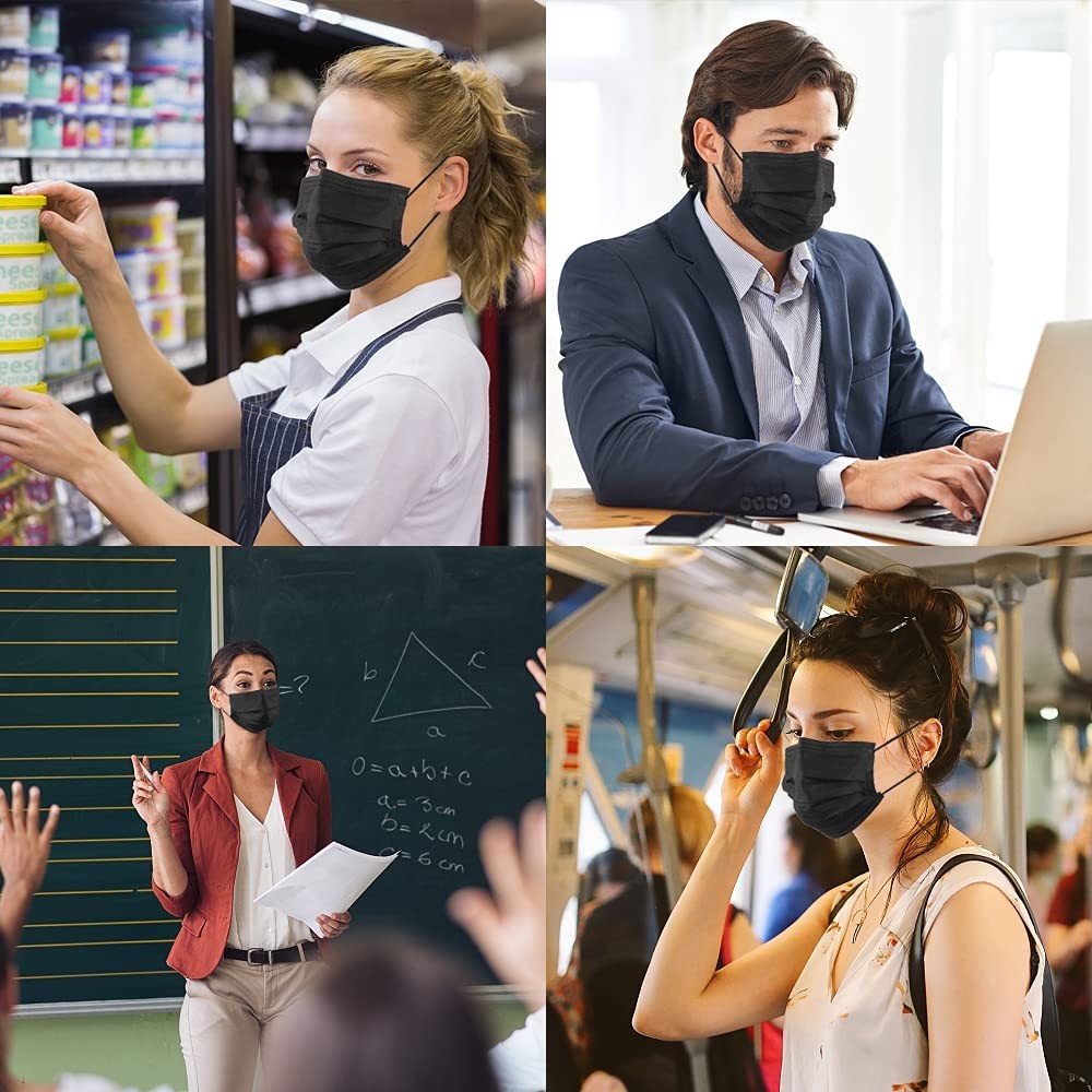 Soft Breathable Black Face Masks, 3-Ply Design, 100 Pack for Everyday Safety