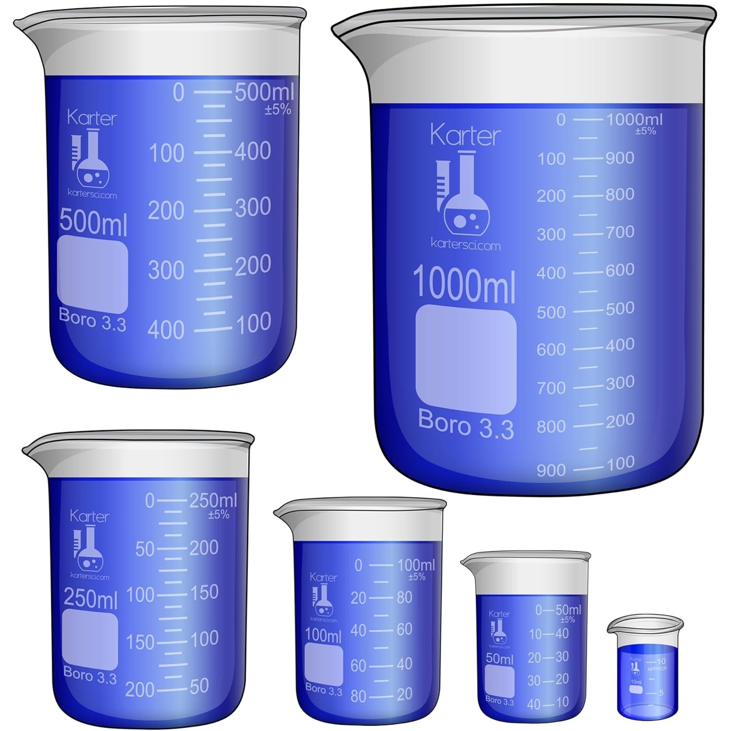 Laboratory Glass Beaker Set 6 Sizes 10ml 50ml 100ml 250ml 500ml 1000ml