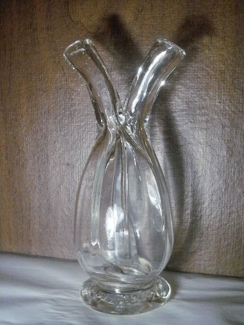 EXTREMELY ODD CONJOINED RIBBED & HORNED BOTTLE MADE IN FRANCE EACH W GLASS STRAW