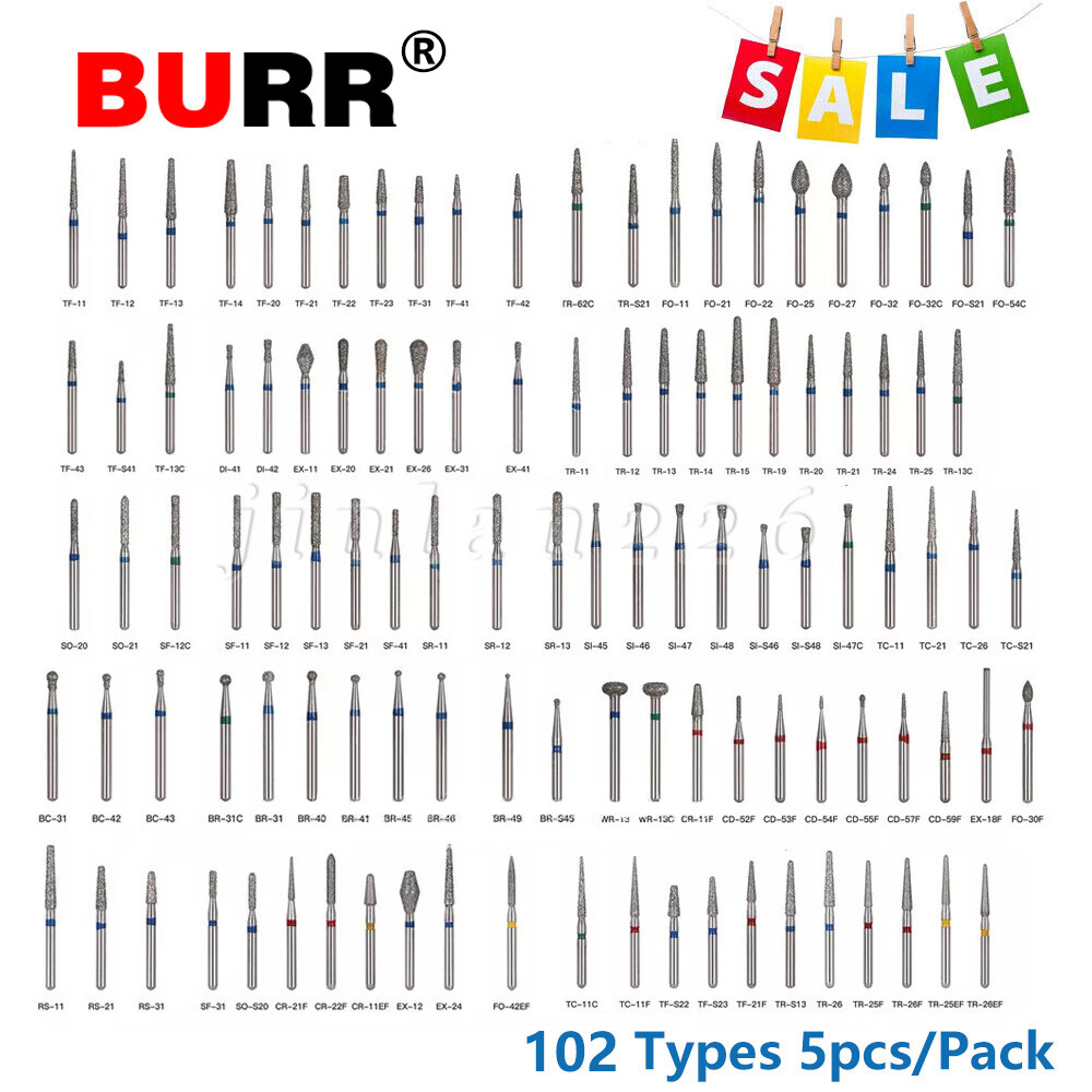 100 Types Dental FG Diamond Burs For High Speed Handpiece Friction Grip 50pcs