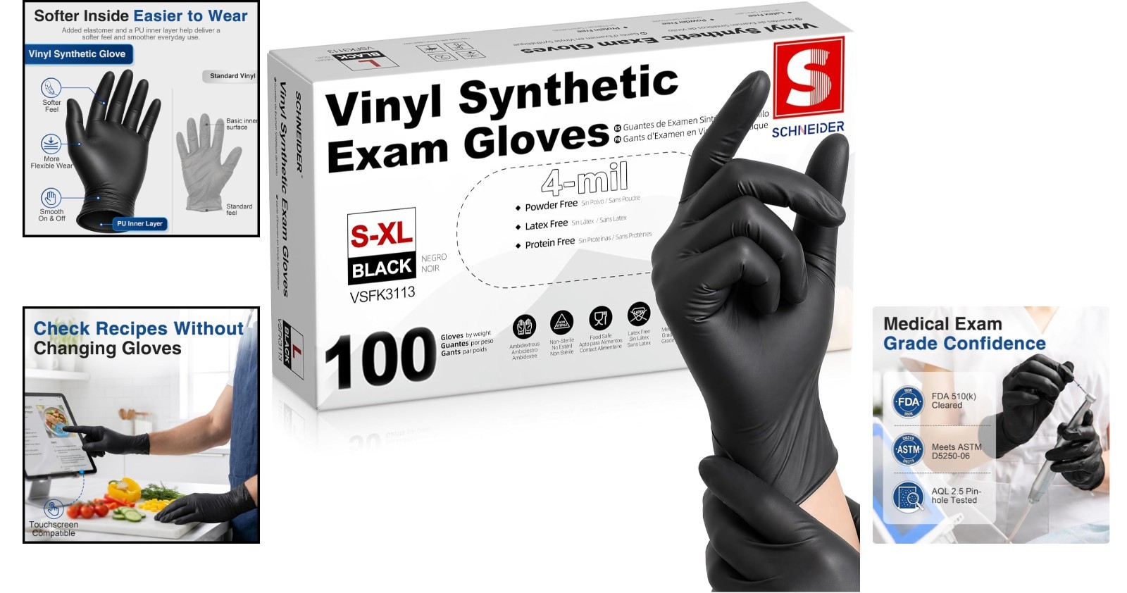 Ambidextrous 4 Mil Vinyl Gloves – Black, 100 Count, Food Safe & Latex-Free