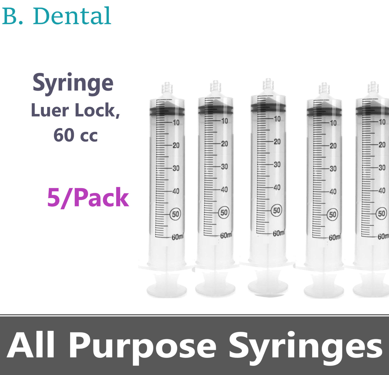 60ml / 60 cc Luer Lock Tip Syringe 5 Pack by DX- Sterile
