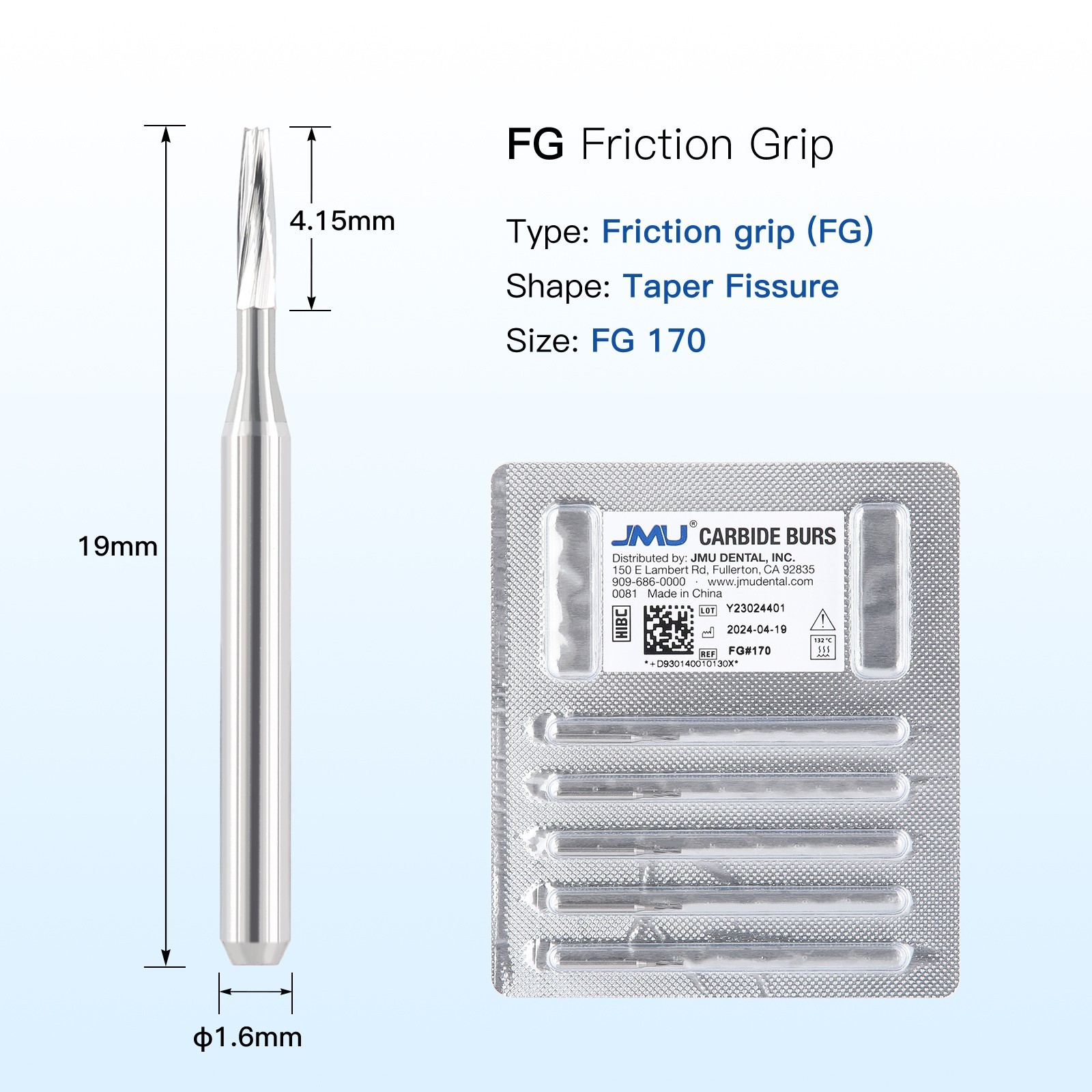 5pcs Dental Carbide Burs Taper Fissure FG #170