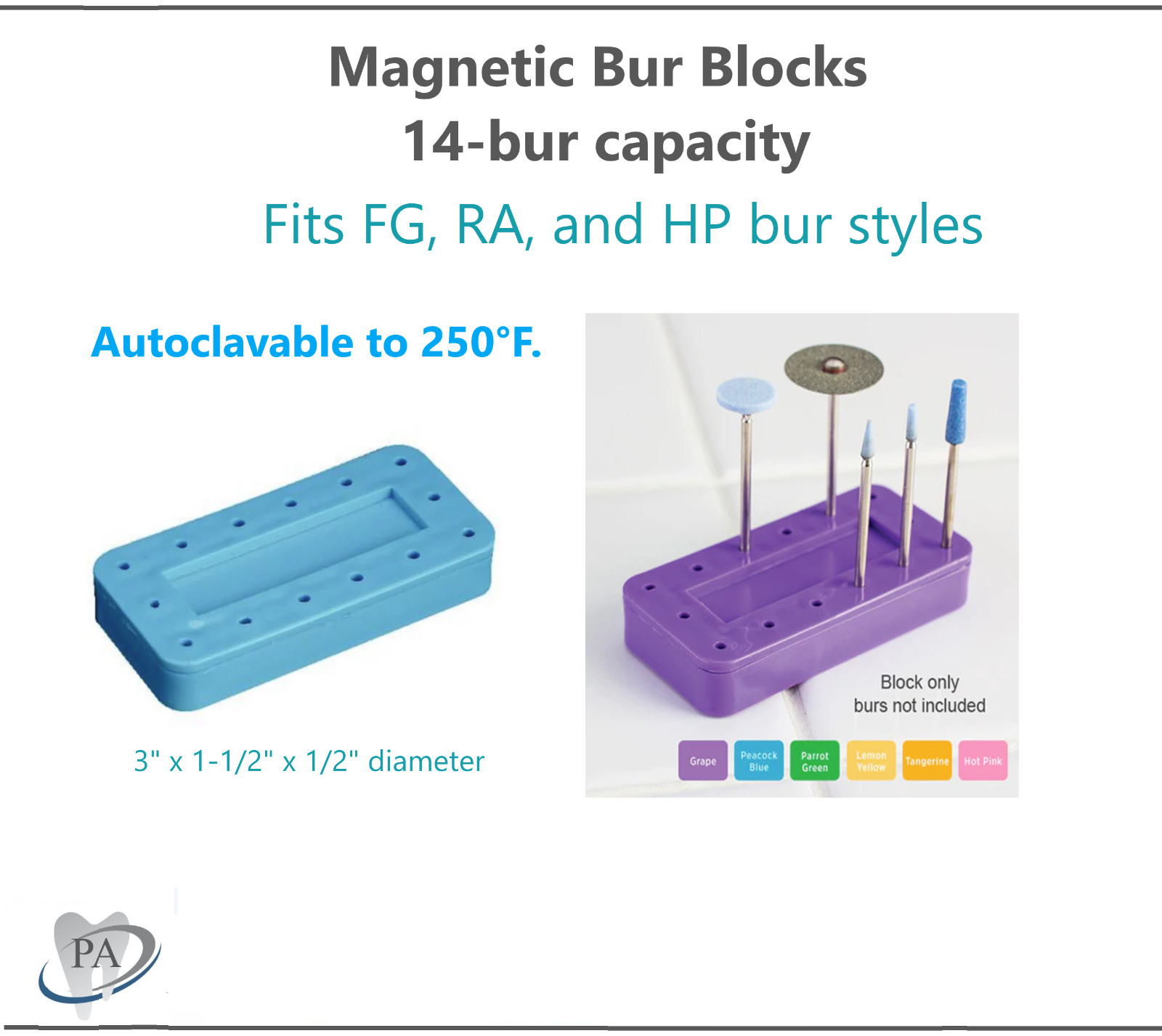 Dental Bur Block Magnetic Lab Holder Station Holds 14 Burs, 7/8 Burs, FG, HP RA