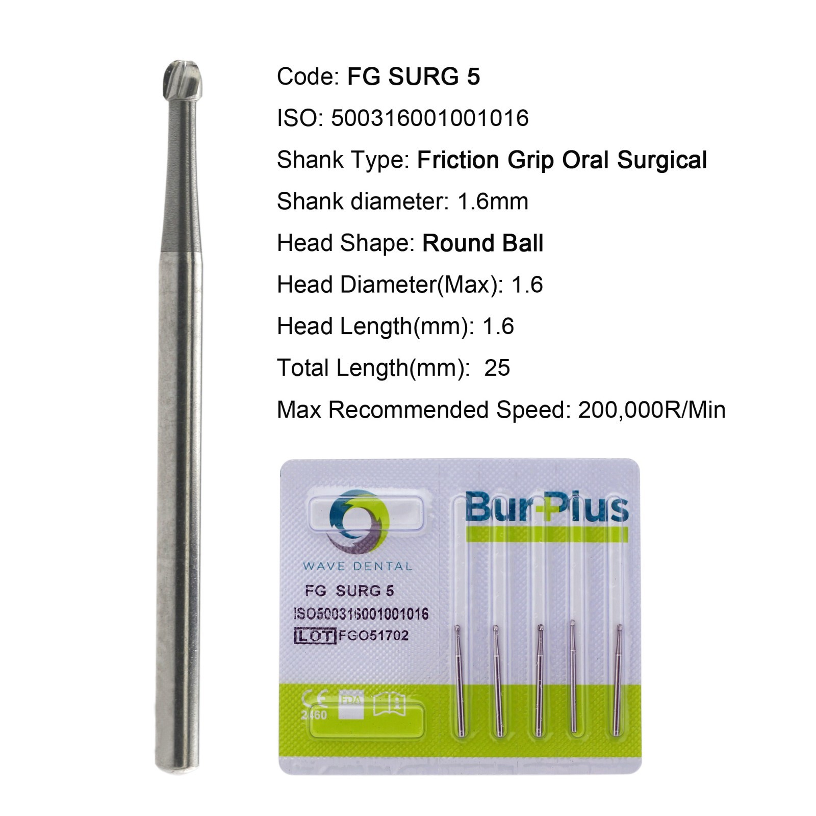 Wave Dental Surgical Burs 25mm Carbide Bur High Speed Round FG SURG 557 702 2 4