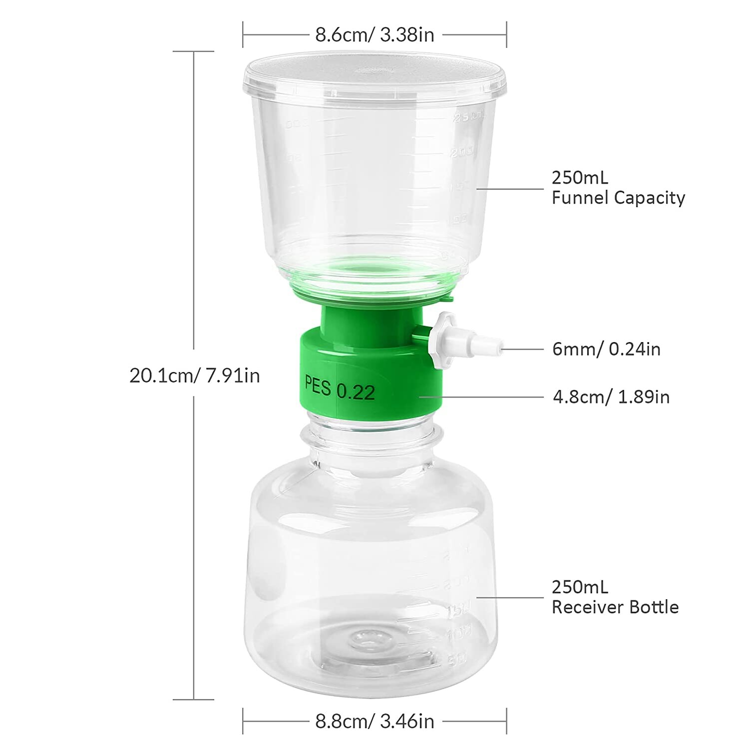 24 Pack Disposable Vacuum Filtration Bottle Top Polystyrene Filter Funnel 250mL