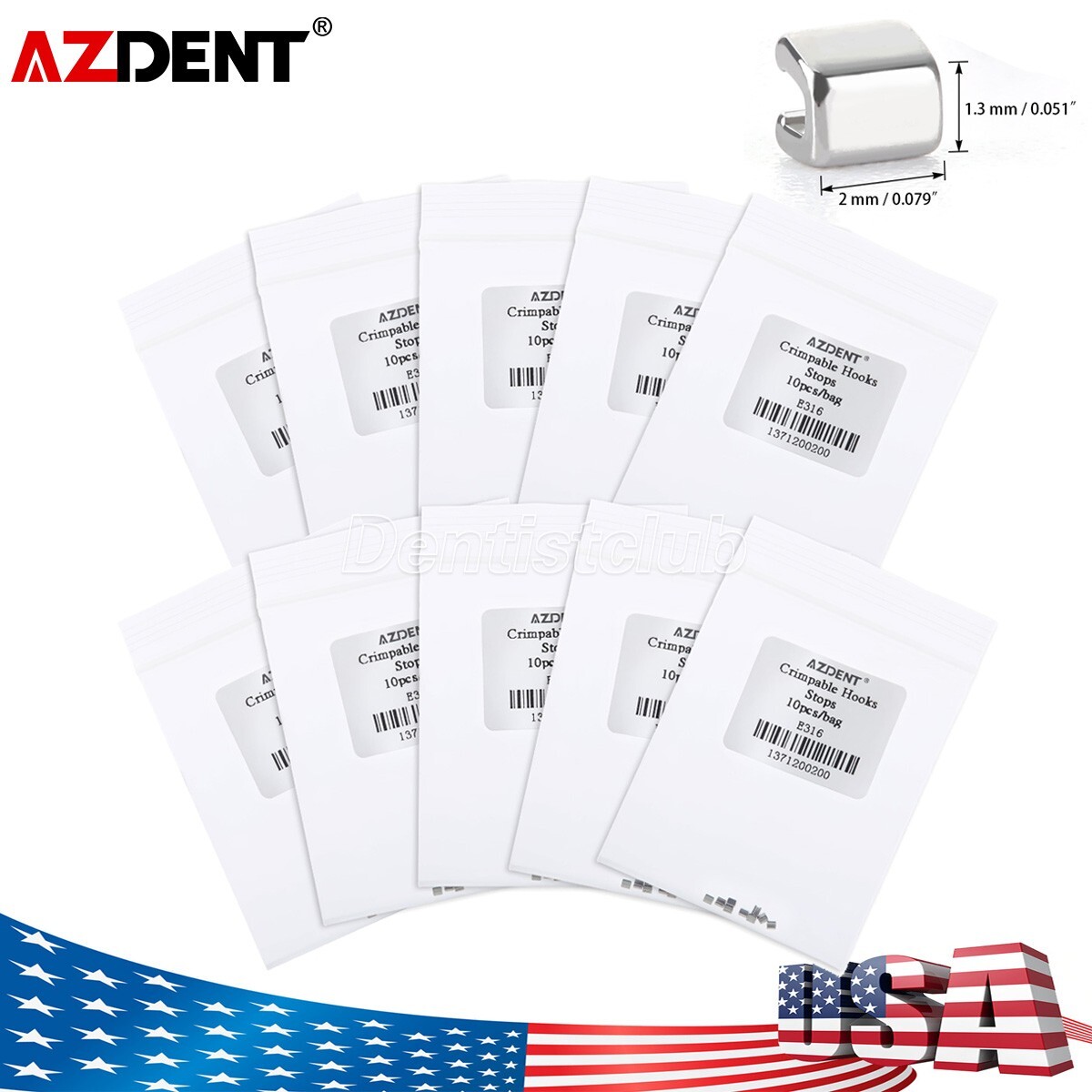 AZDENT Dental Orthodontic Crimpable Hooks Stops fixed on Arch Wire 10pcs/pack