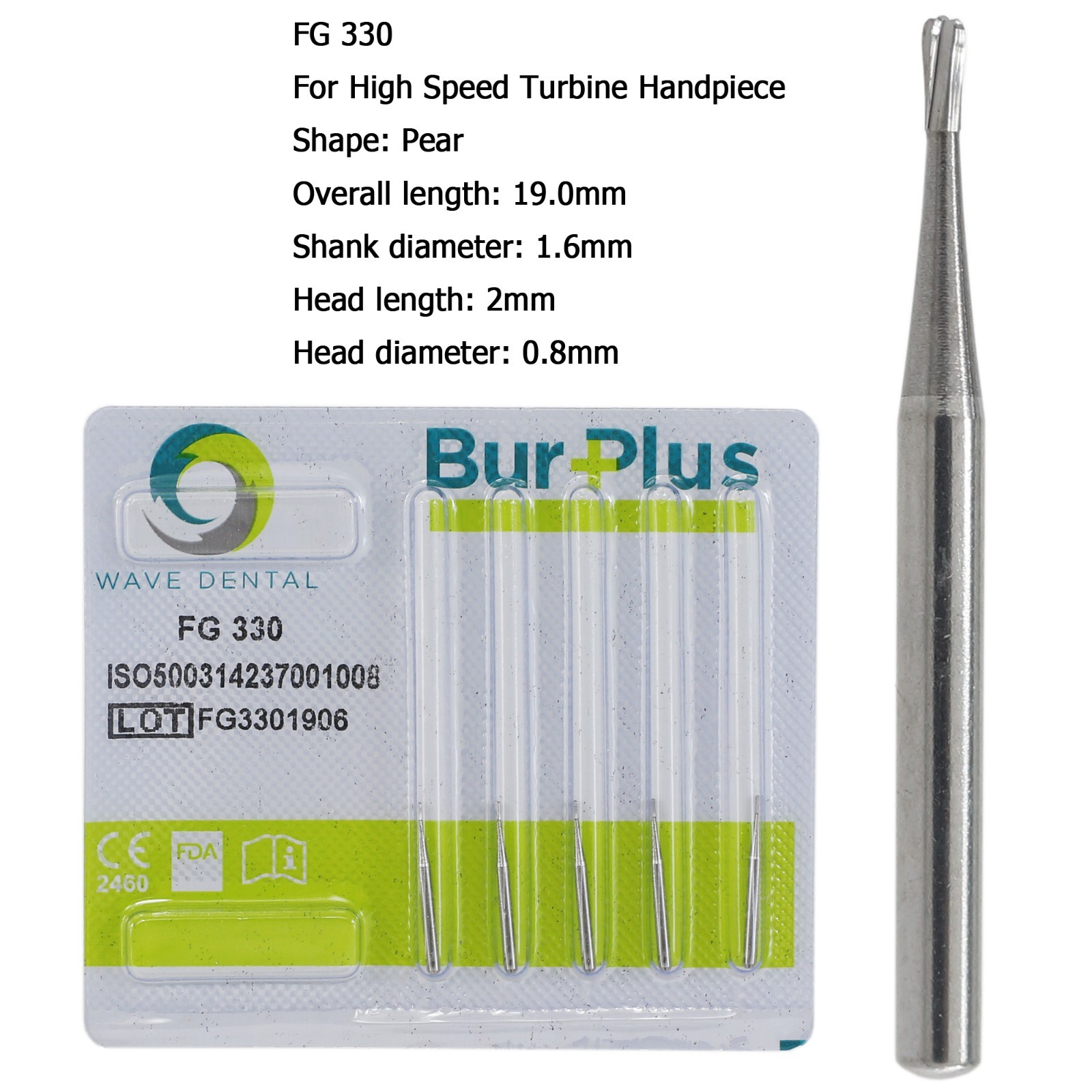 Wave Dental 330 Carbide Burs FG 330 Bur Pear High Speed Friction Grip Midwest