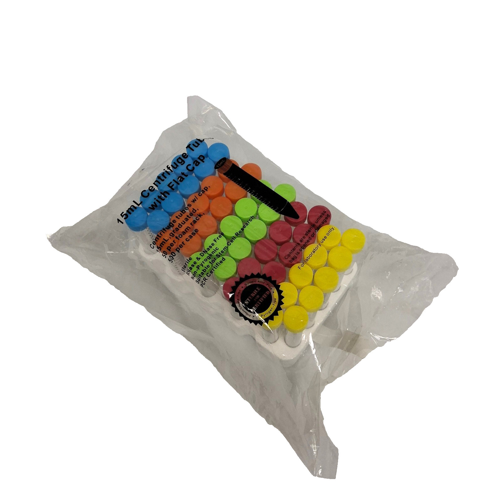 15mL Centrifuge Tubes with Flat Caps Conical Bottom Graduated 50ct Foam Rack
